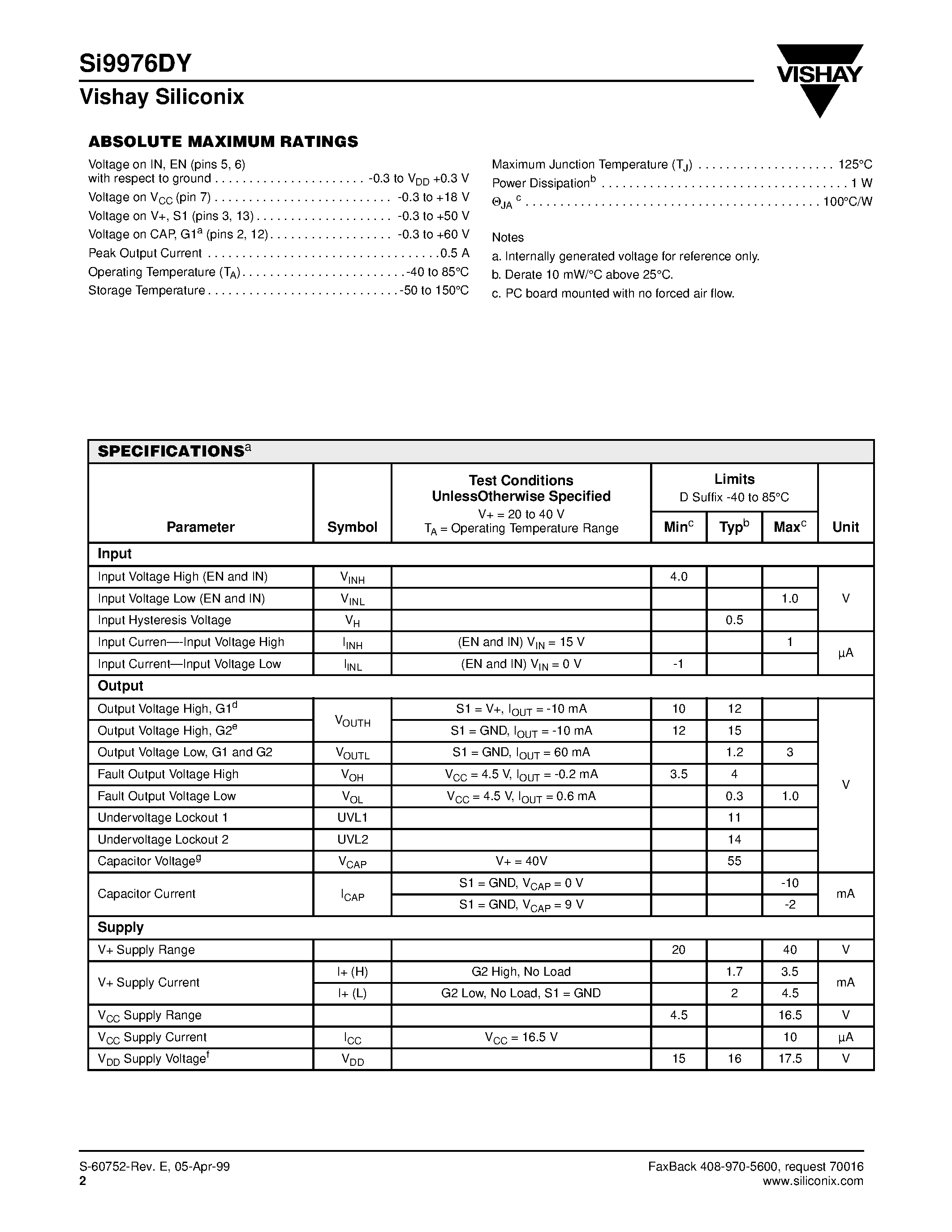 Datasheet SI9976DY - N-Channel Half-Bridge Driver page 2