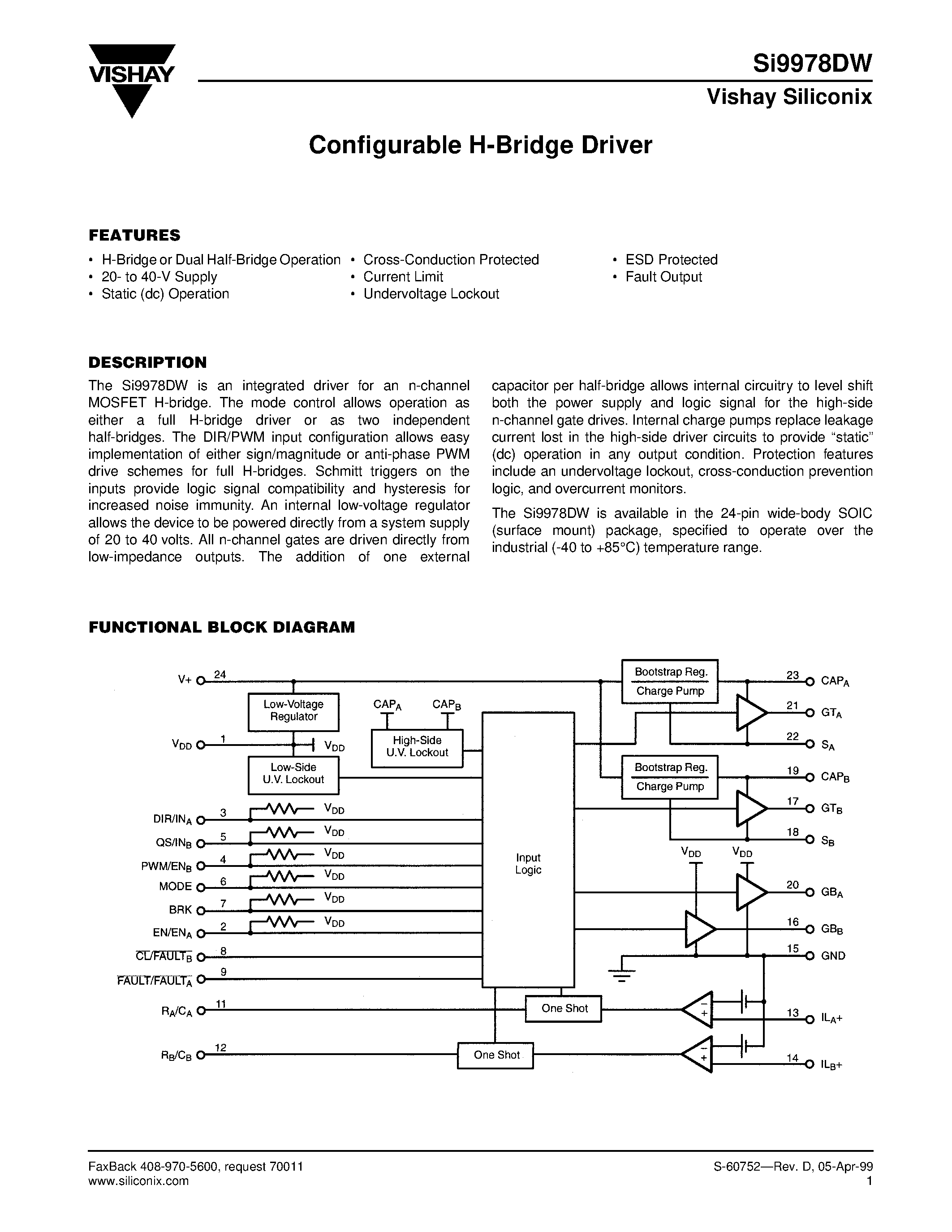 Даташит на микросхему SI9978DW страница 1 Даташит SI9978DW - Configurable H-Bridge Driver страница 1