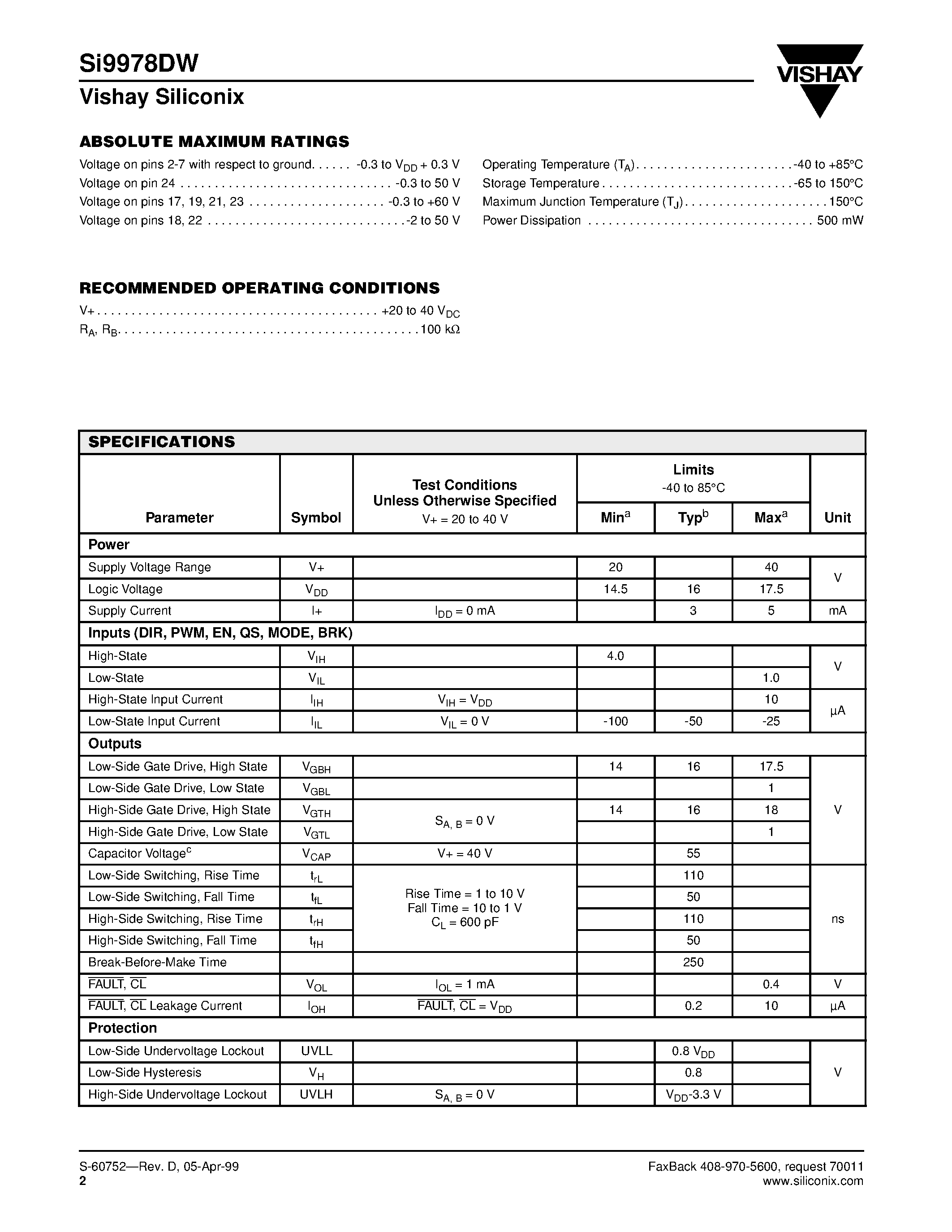 Даташит на микросхему SI9978DW страница 2 Даташит SI9978DW - Configurable H-Bridge Driver страница 2