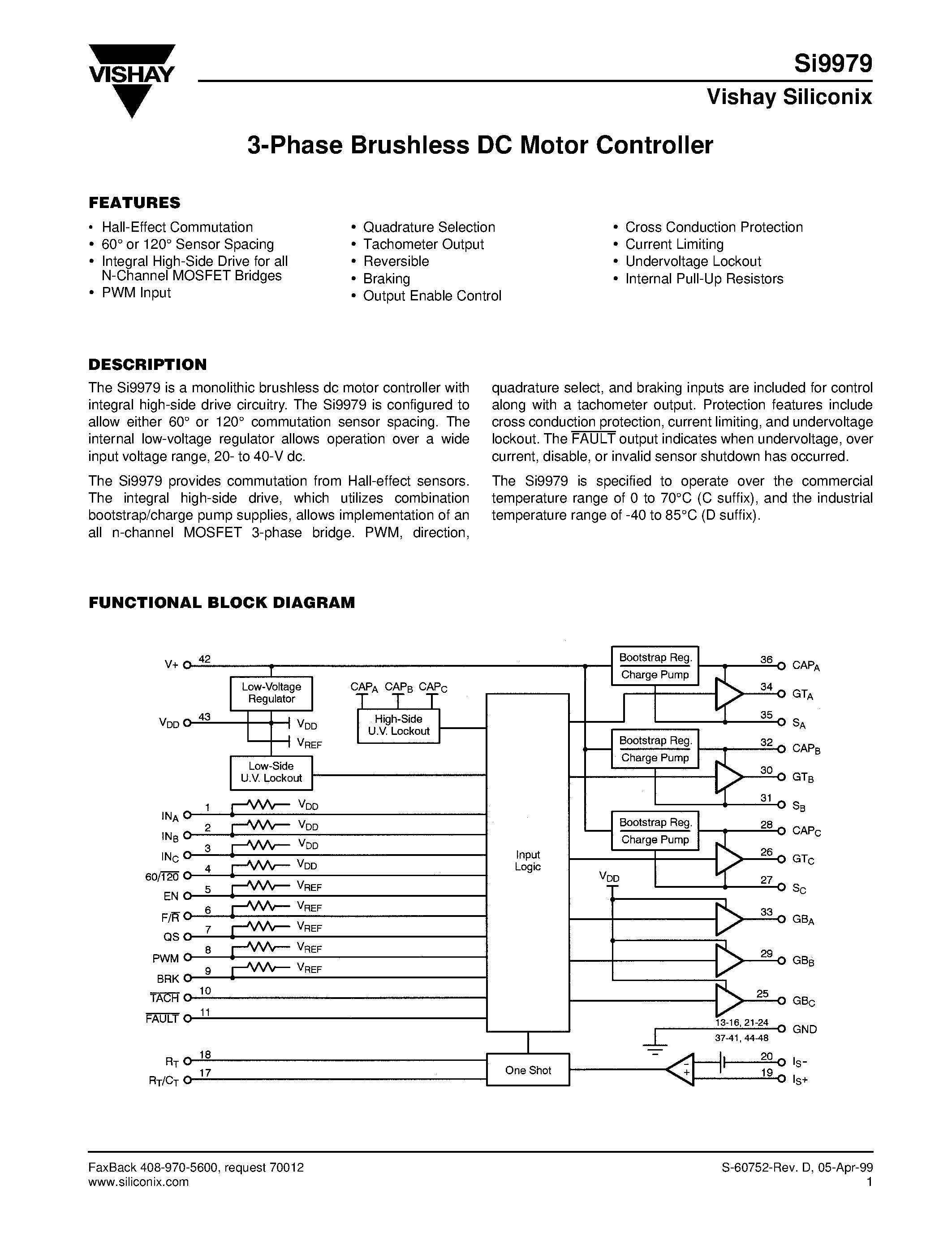 Datasheet SI9979 page 1 Datasheet SI9979 - 3-Phase Brushless DC Motor Controller page 1