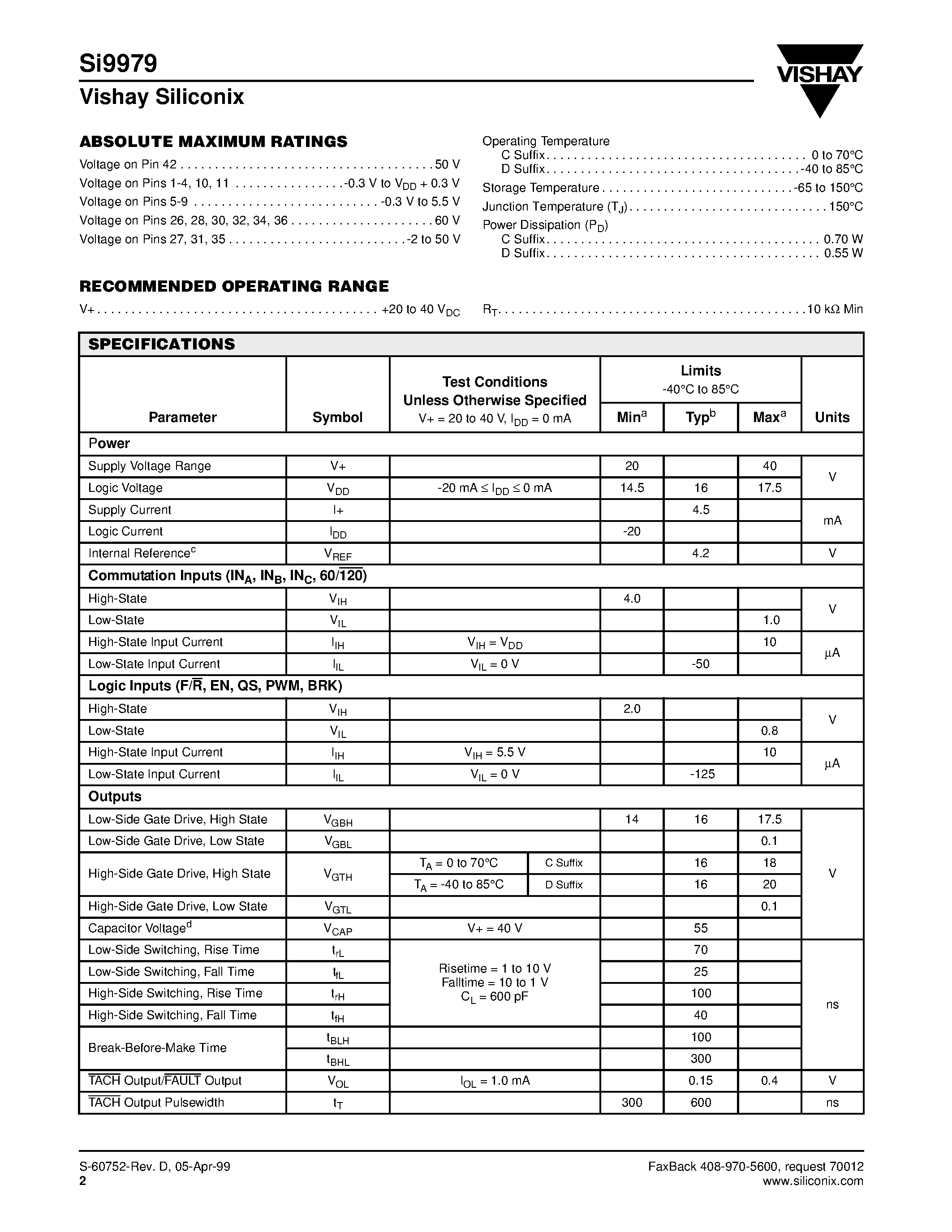 Datasheet SI9979 page 2 Datasheet SI9979 - 3-Phase Brushless DC Motor Controller page 2
