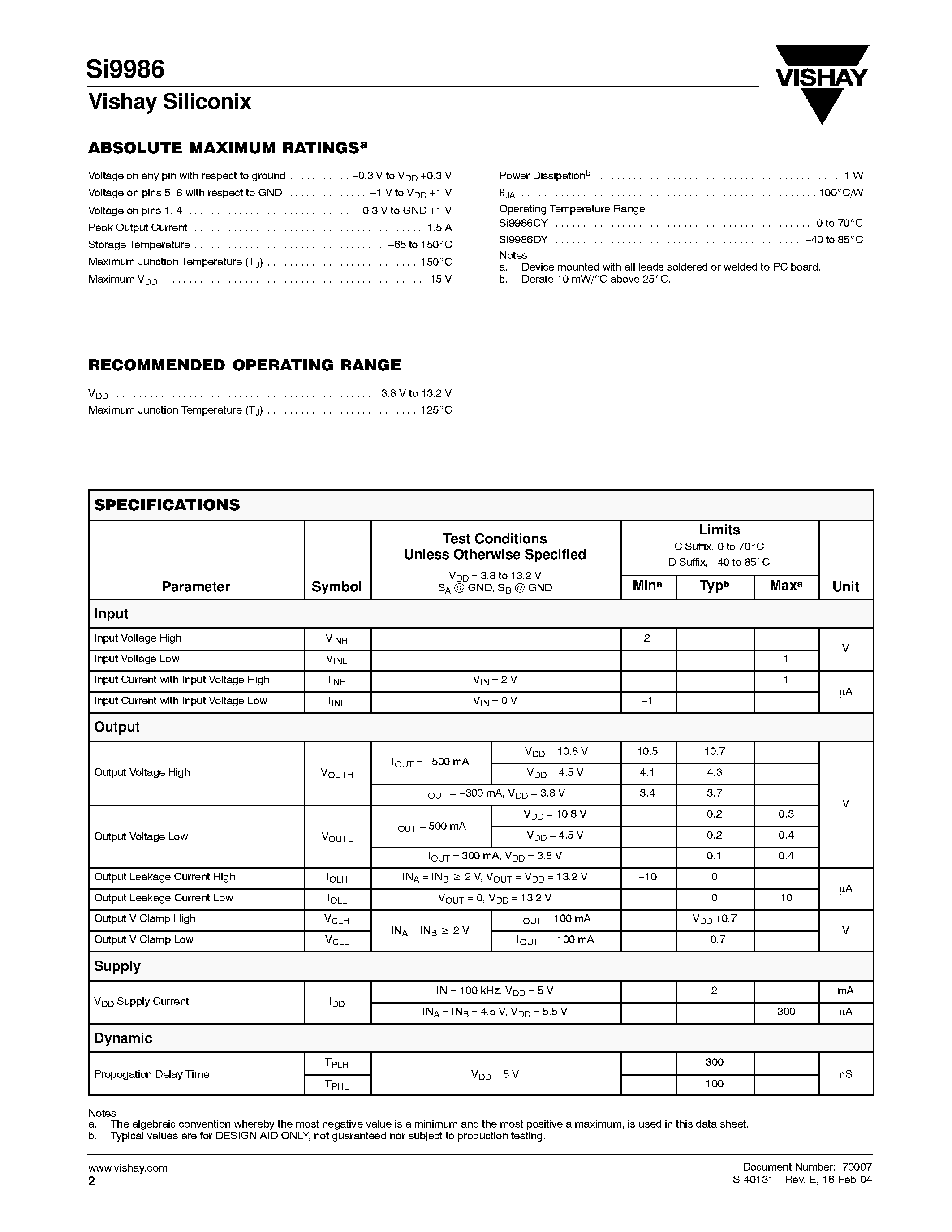 Datasheet Si9986CY-T1 - Buffered H-Bridge page 2