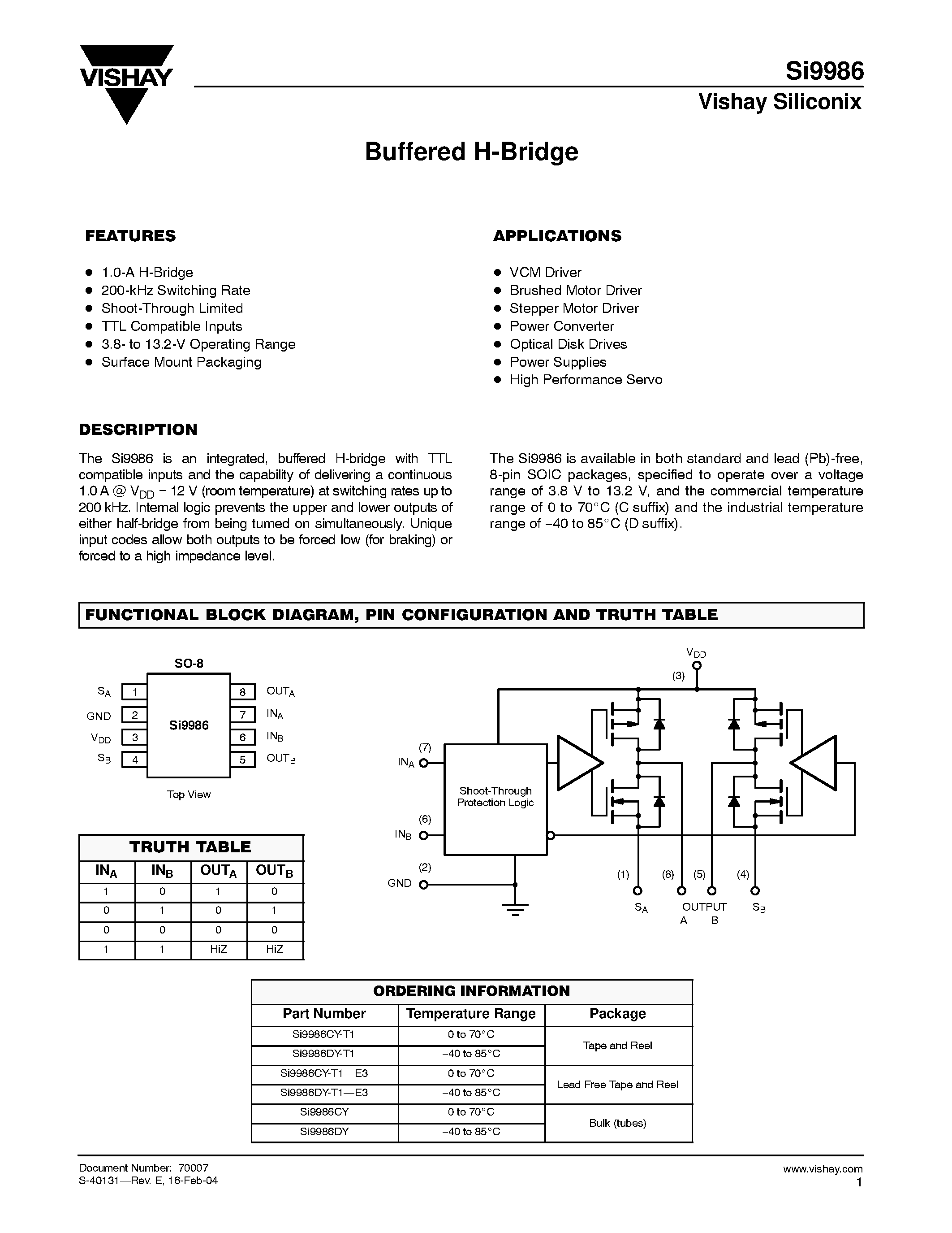 Даташит на микросхему Si9986DY страница 1 Даташит Si9986DY - Buffered H-Bridge страница 1