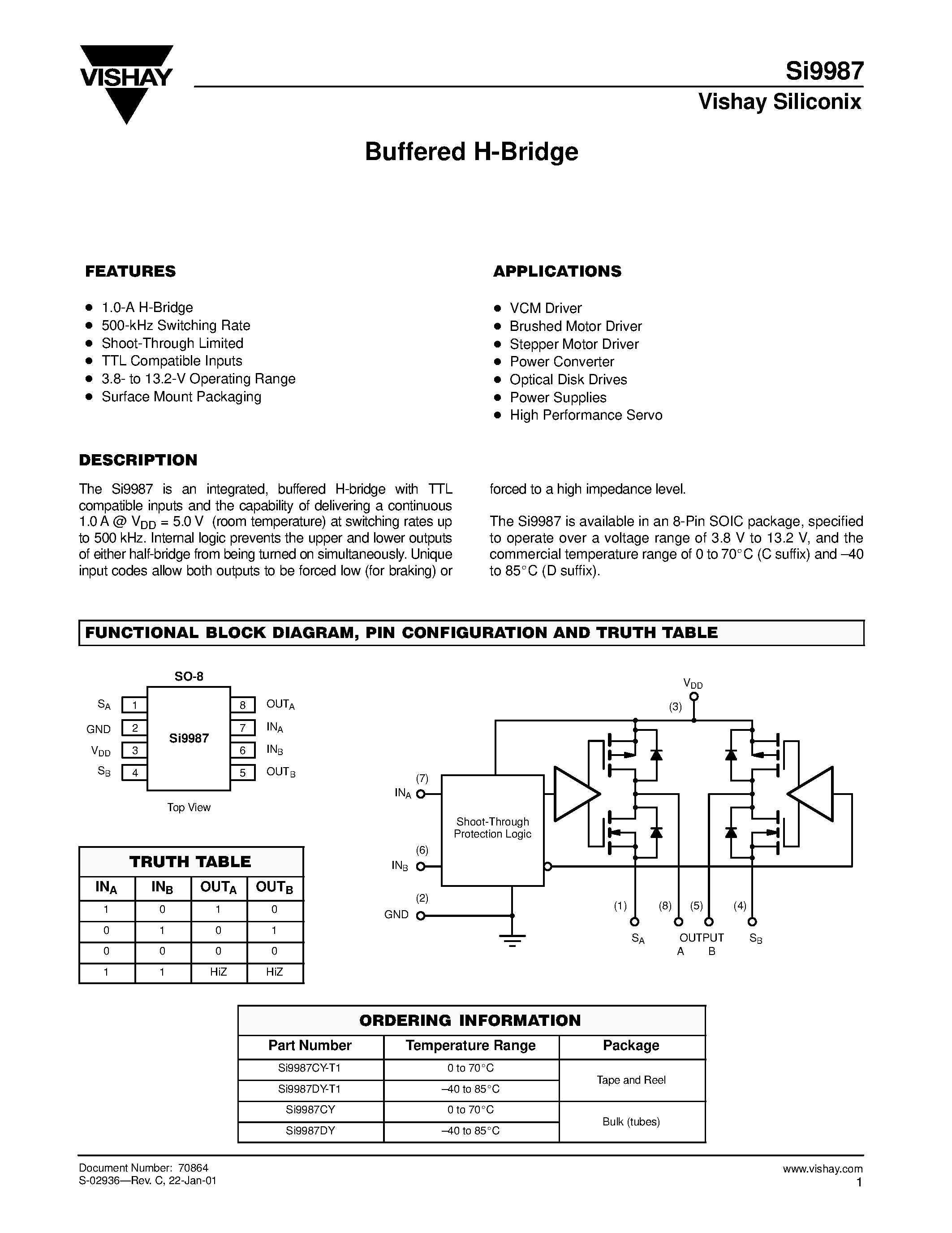 Даташит на микросхему Si9987CY-T1 страница 1 Даташит Si9987CY-T1 - Buffered H-Bridge страница 1