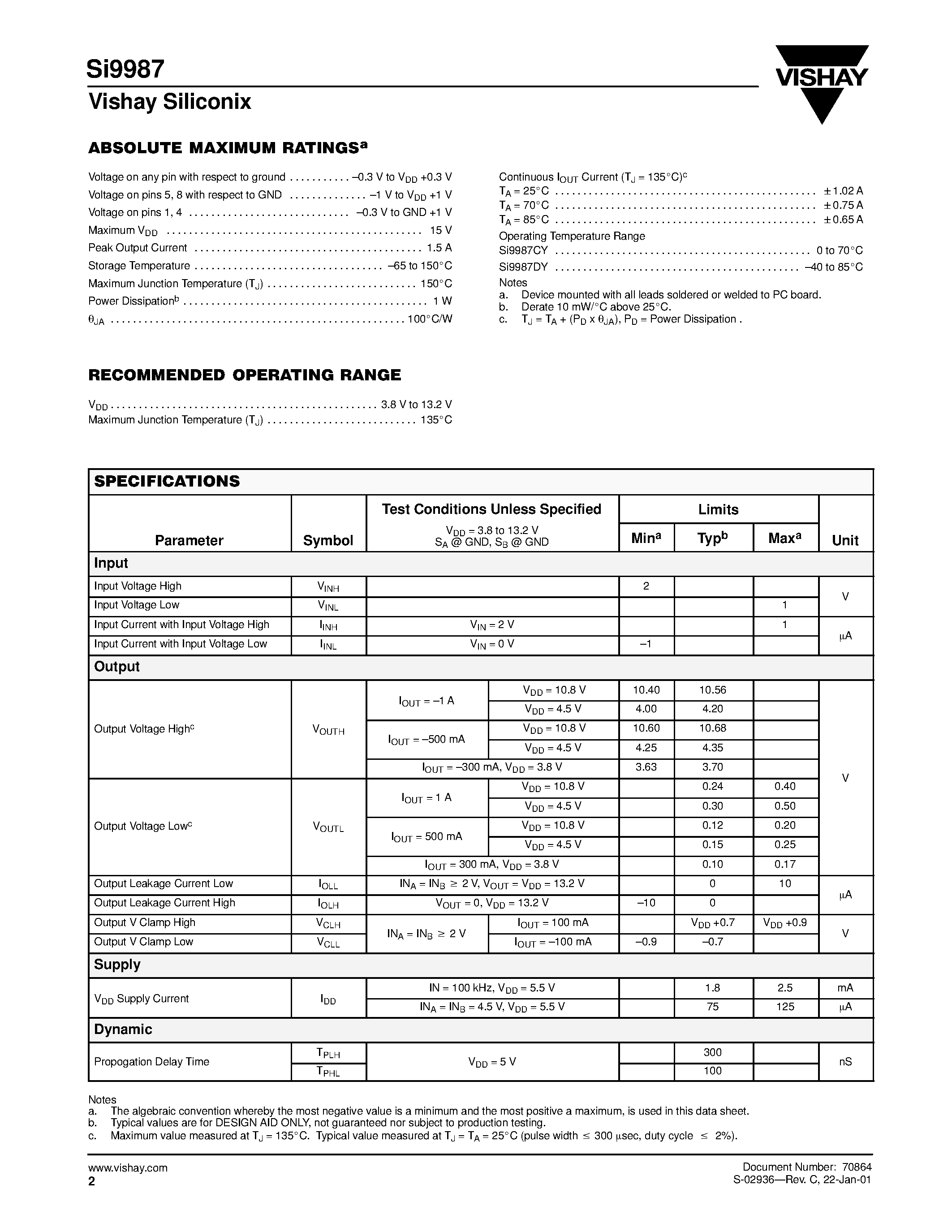 Datasheet Si9987CY-T1 - Buffered H-Bridge page 2