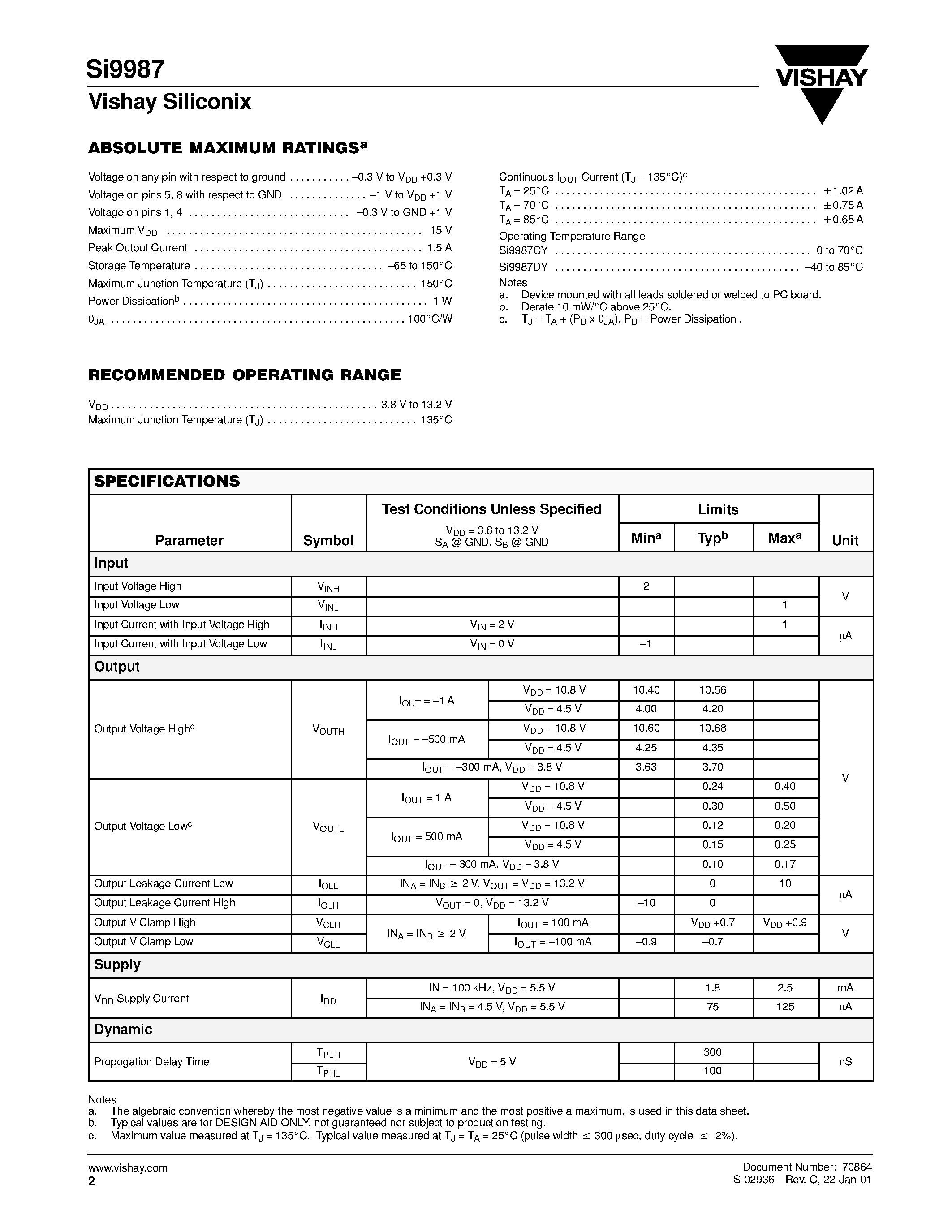 Datasheet Si9987DY page 2 Datasheet Si9987DY - Buffered H-Bridge page 2