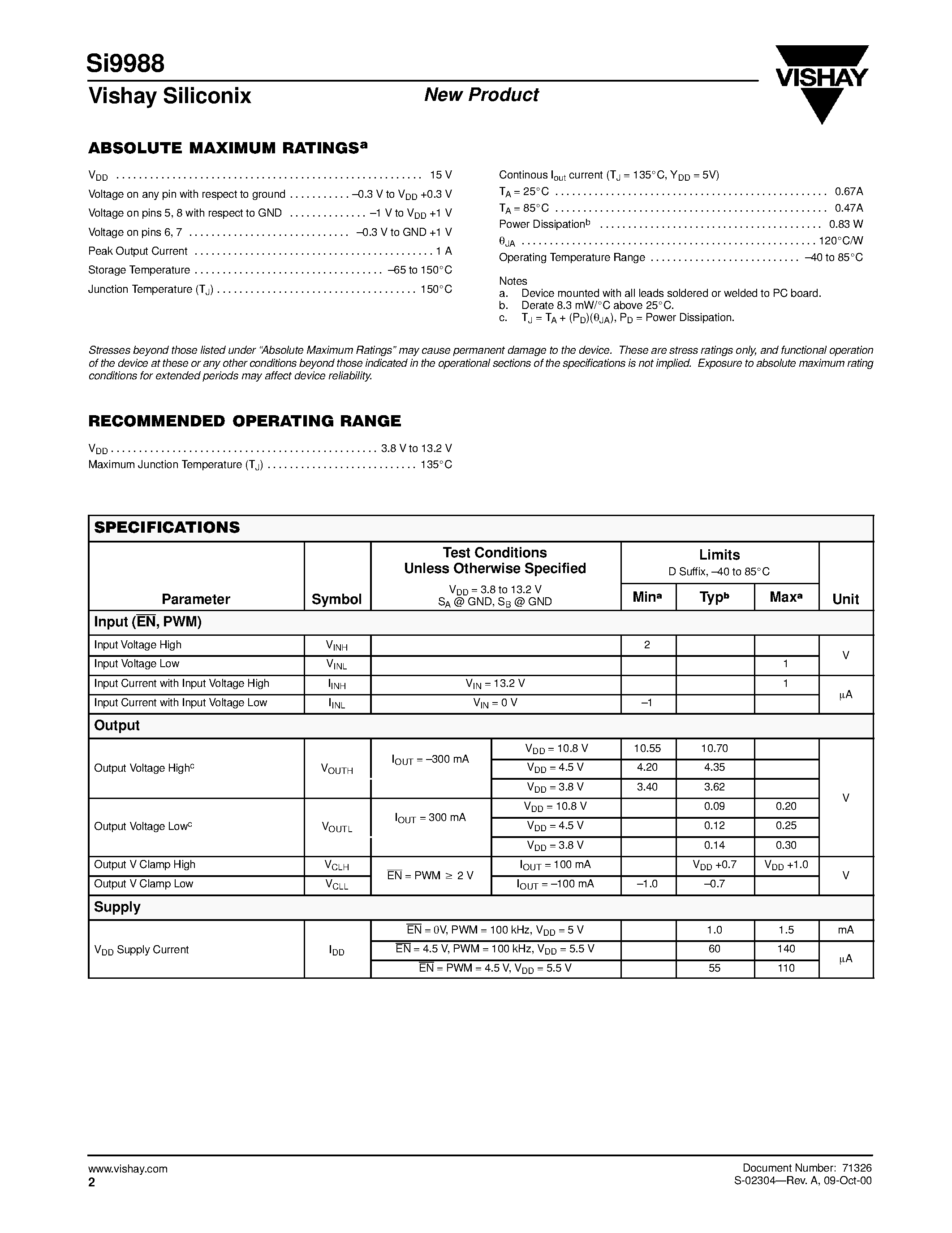 Datasheet SI9988 - Buffered H-Bridge page 2