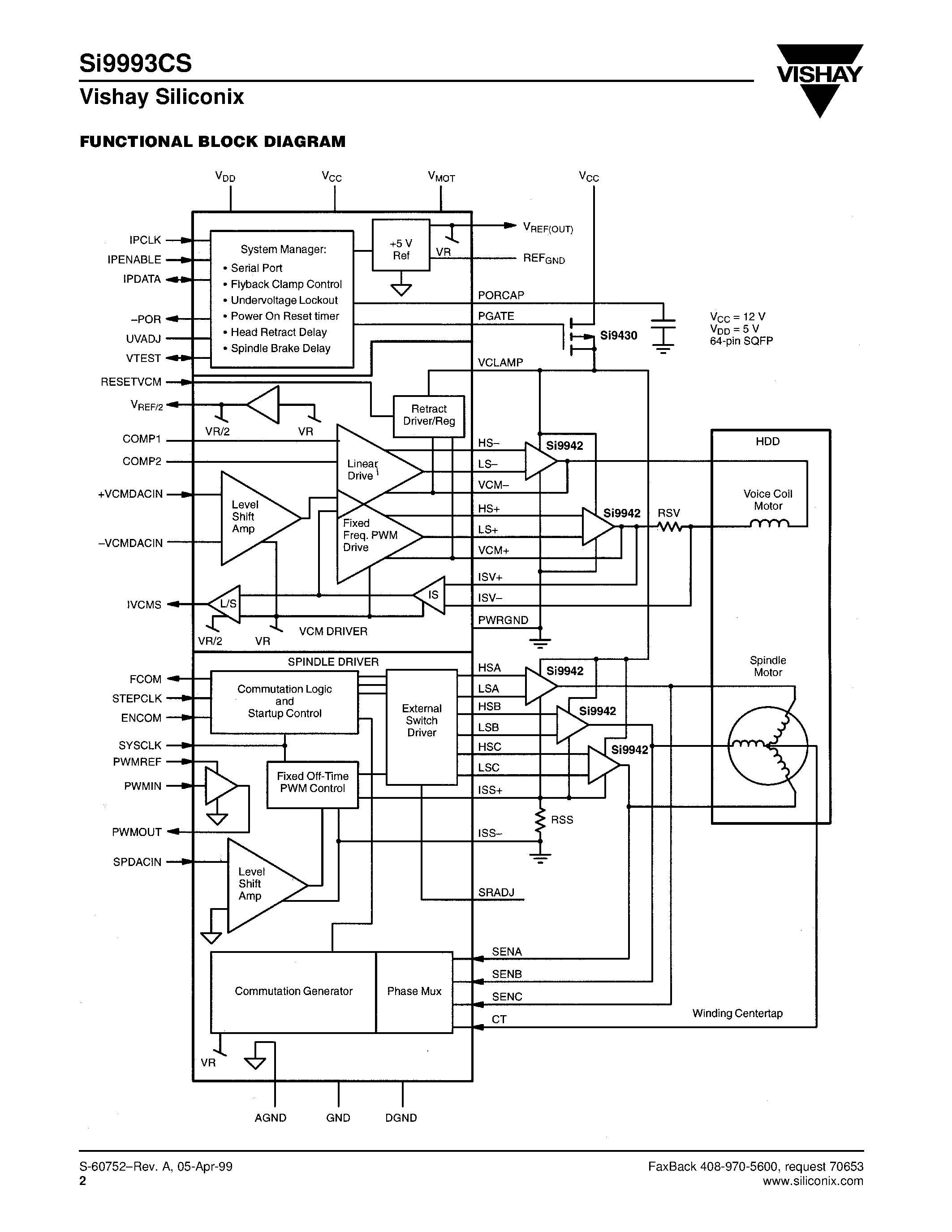 Datasheet SI9993CS page 2 Datasheet SI9993CS - 12-V VCM/Spindle Motor Driver for Large Capacity HDD page 2