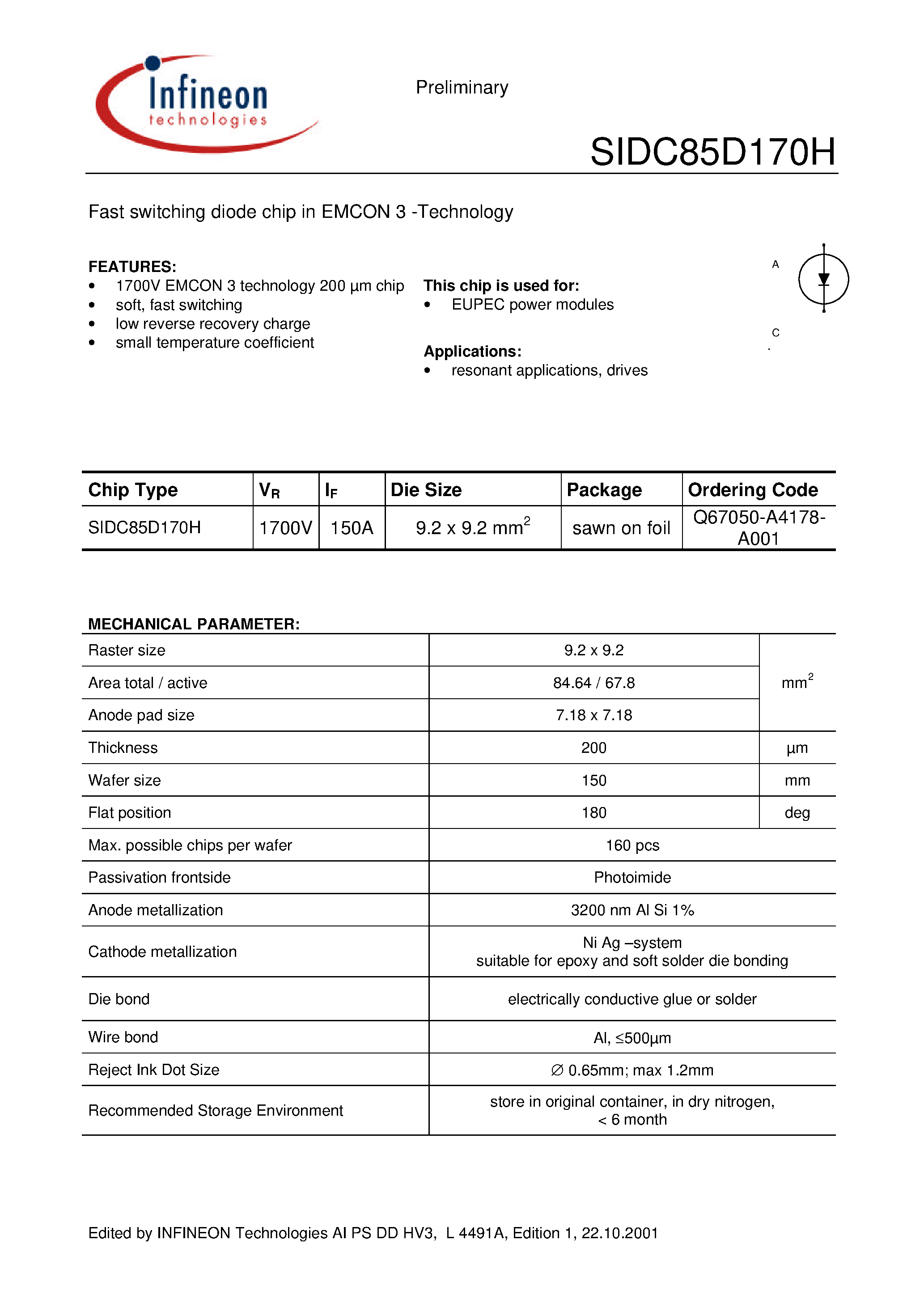 Datasheet SIDC85D170H - Fast switching diode chip in EMCON 3 -Technology page 1