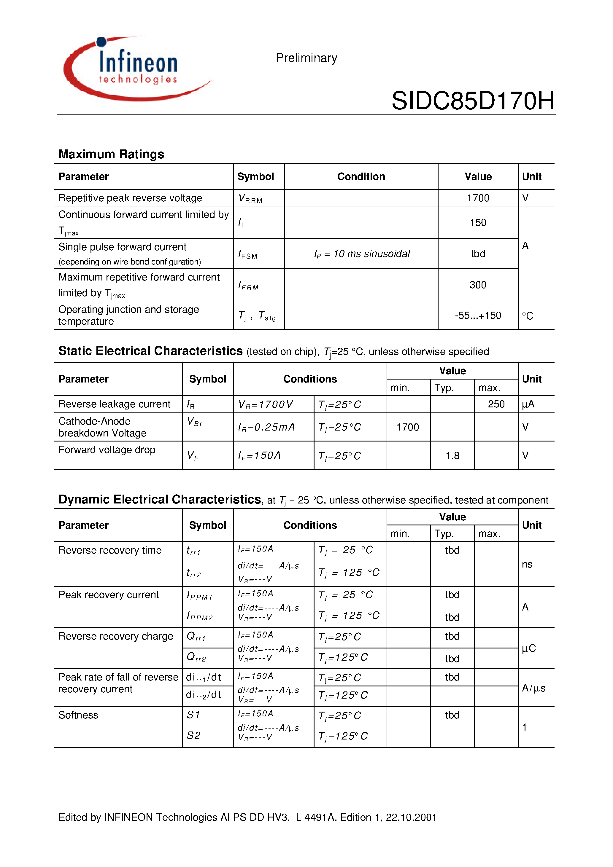 Datasheet SIDC85D170H - Fast switching diode chip in EMCON 3 -Technology page 2