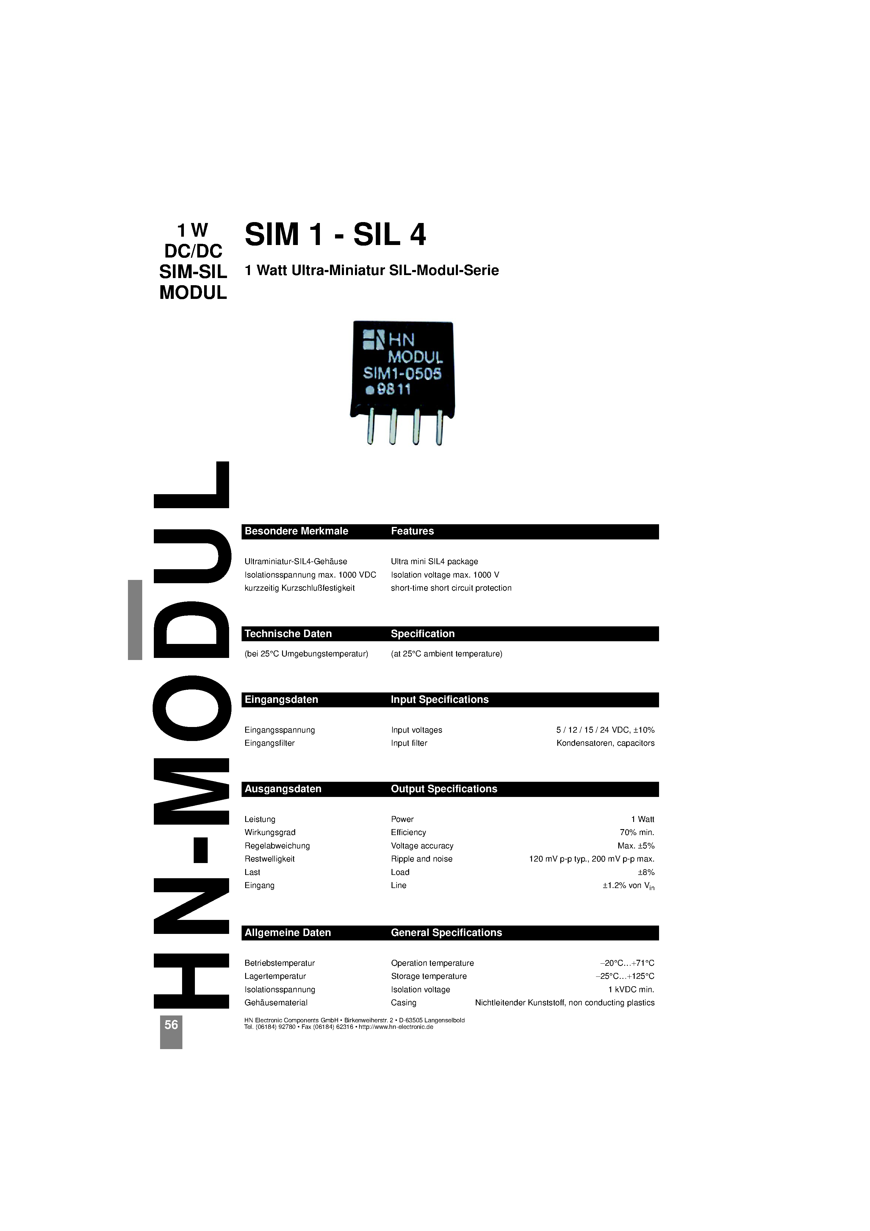 Datasheet SIM1-2424-SIL4 - 1 Watt Ultra-Miniatur SIL-Modul-Serie page 1