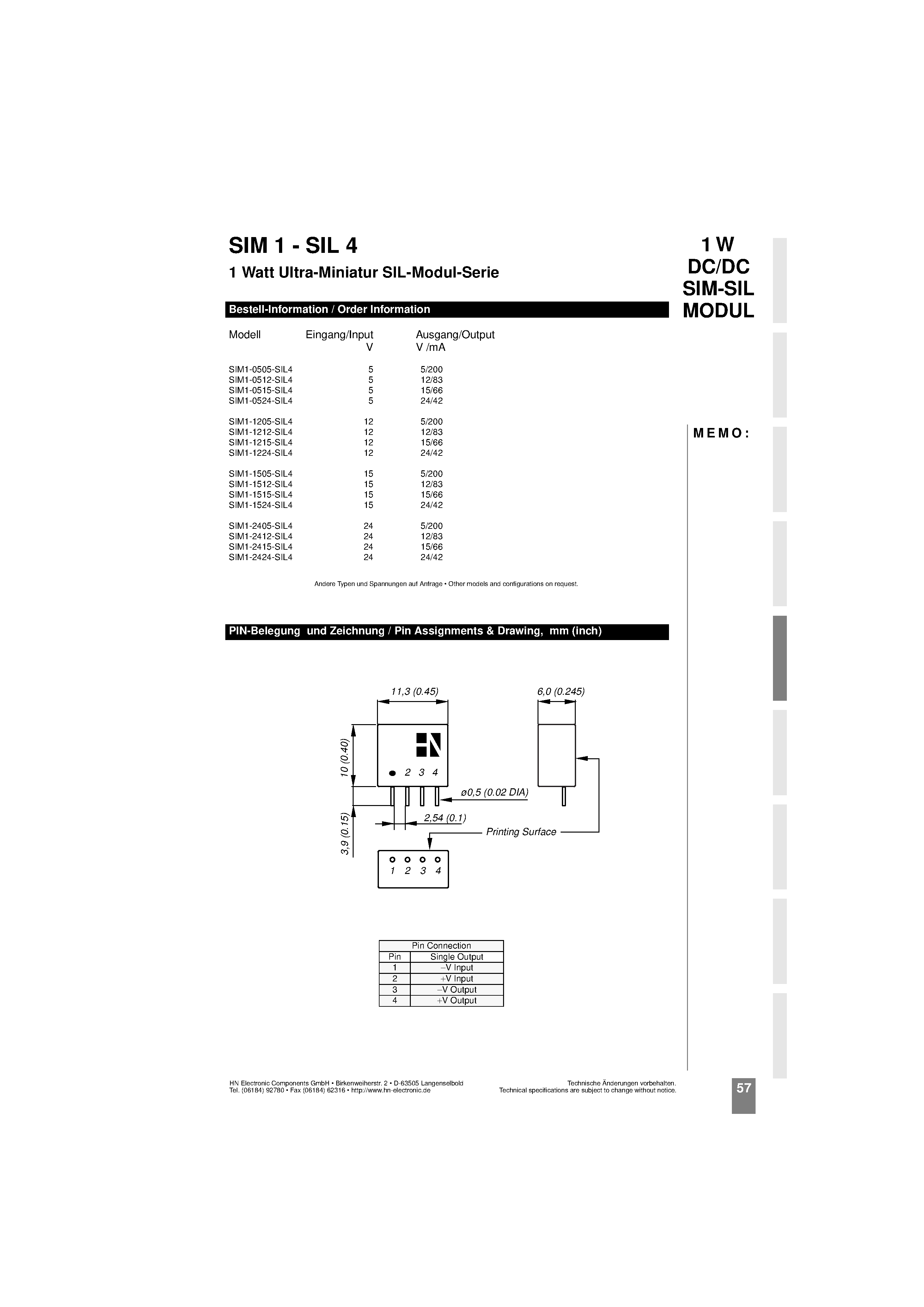 Datasheet SIM1-2424-SIL4 - 1 Watt Ultra-Miniatur SIL-Modul-Serie page 2