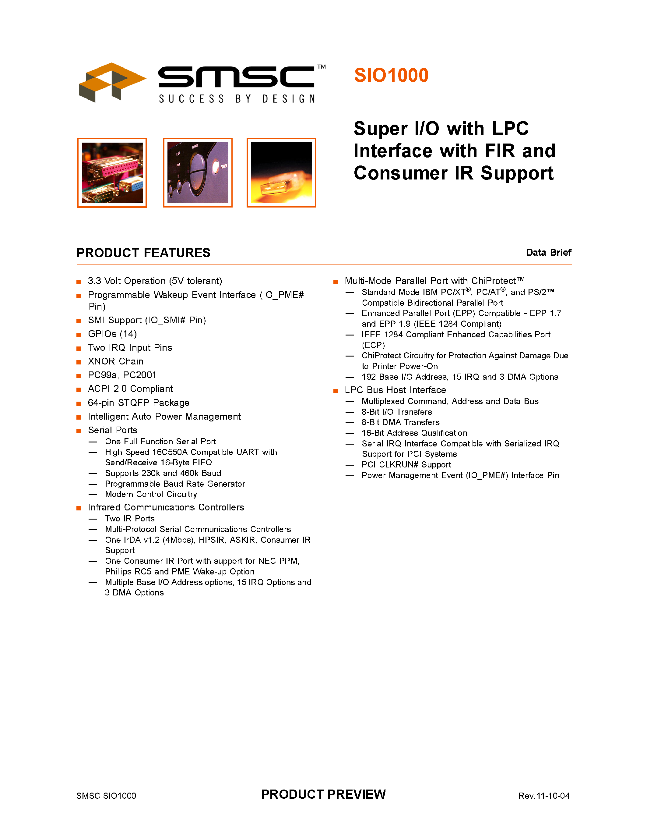 Datasheet SIO1000 - SUPER I/O WITH LPC INTERFACE WITH FIR AND CONSUMER IR SUPPORT page 1