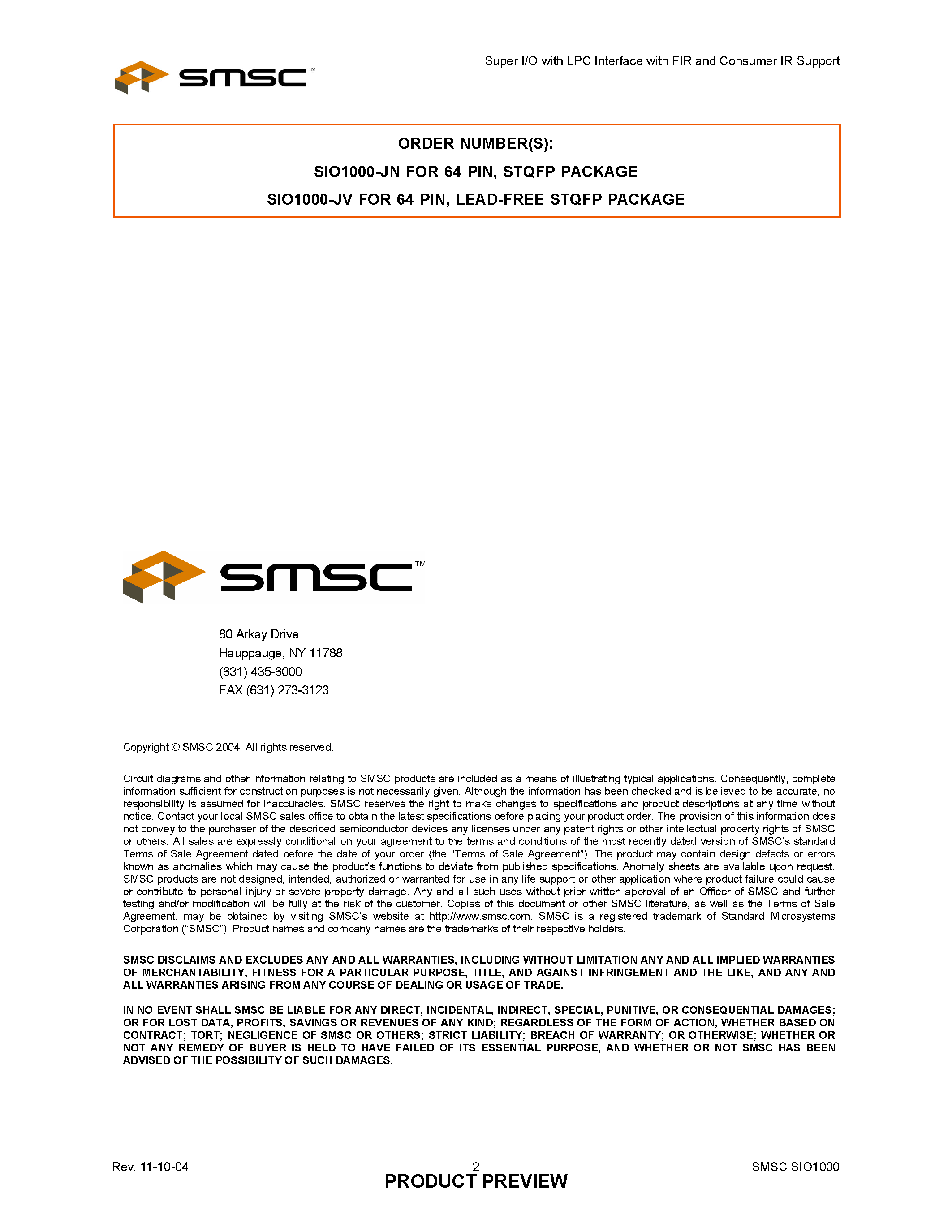 Datasheet SIO1000-JV - SUPER I/O WITH LPC INTERFACE WITH FIR AND CONSUMER IR SUPPORT page 2