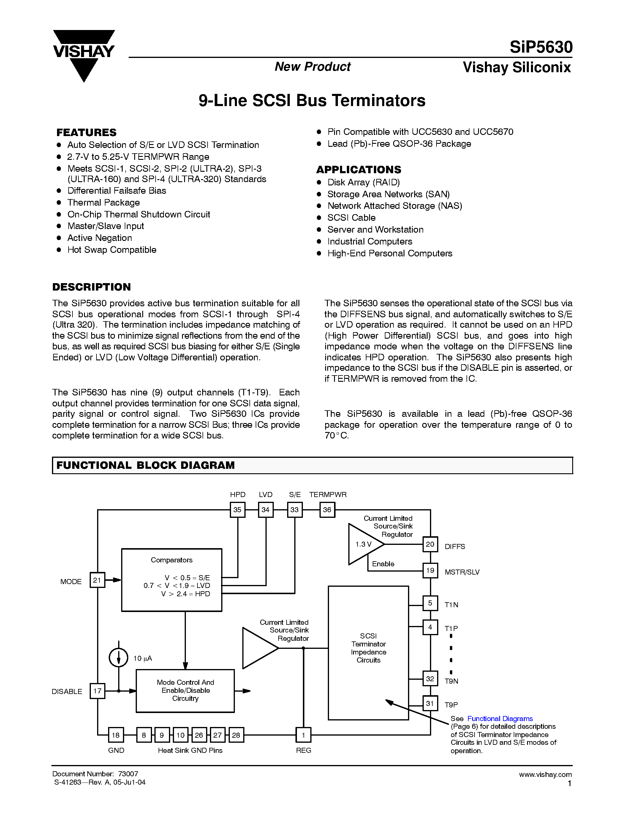 Даташит на микросхему SIP5630 страница 1 Даташит SIP5630 - 9-Line SCSI Bus Terminators страница 1