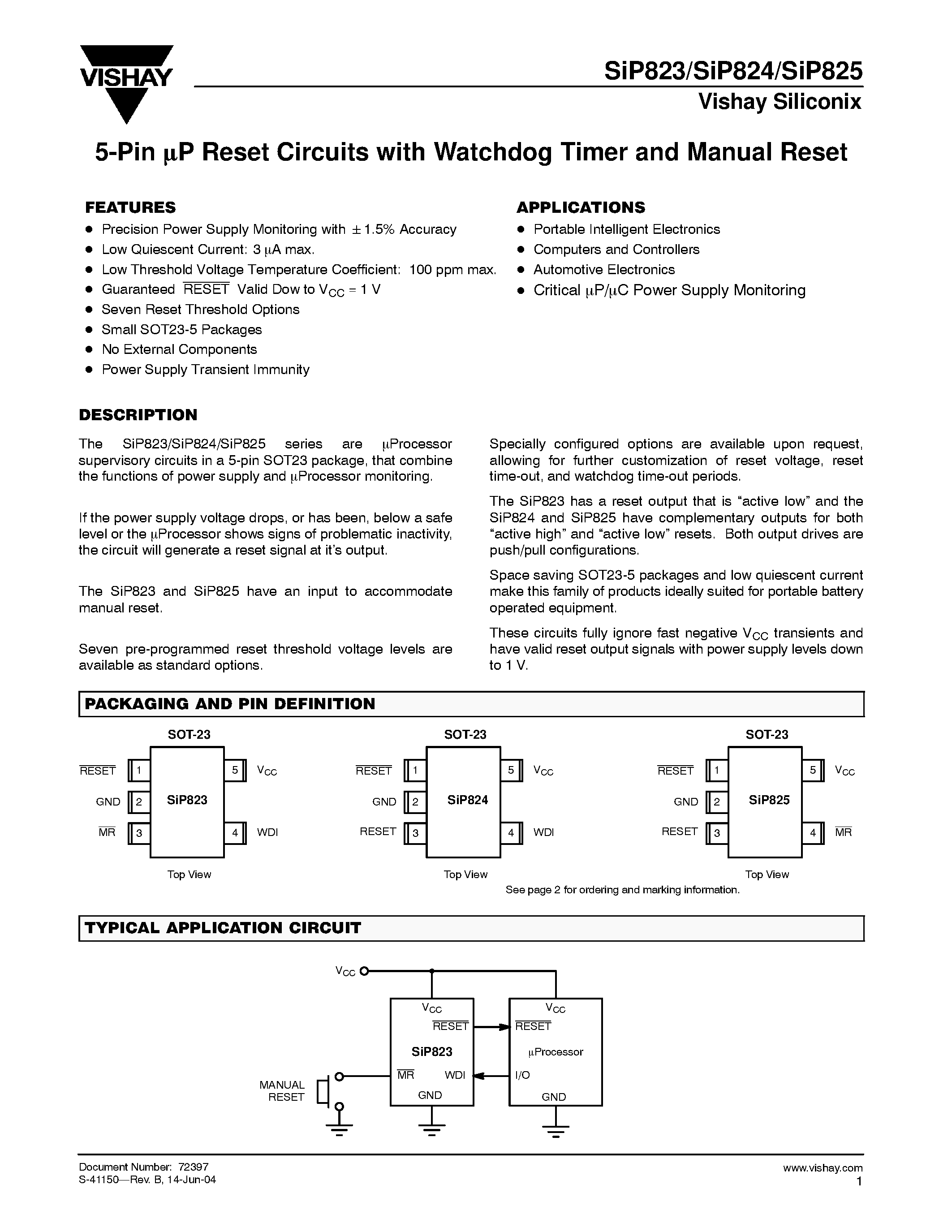 Datasheet SIP823TEUDT-TR1 - 5-Pin UP Reset Circuits with Watchdog Timer and Manual Reset page 1