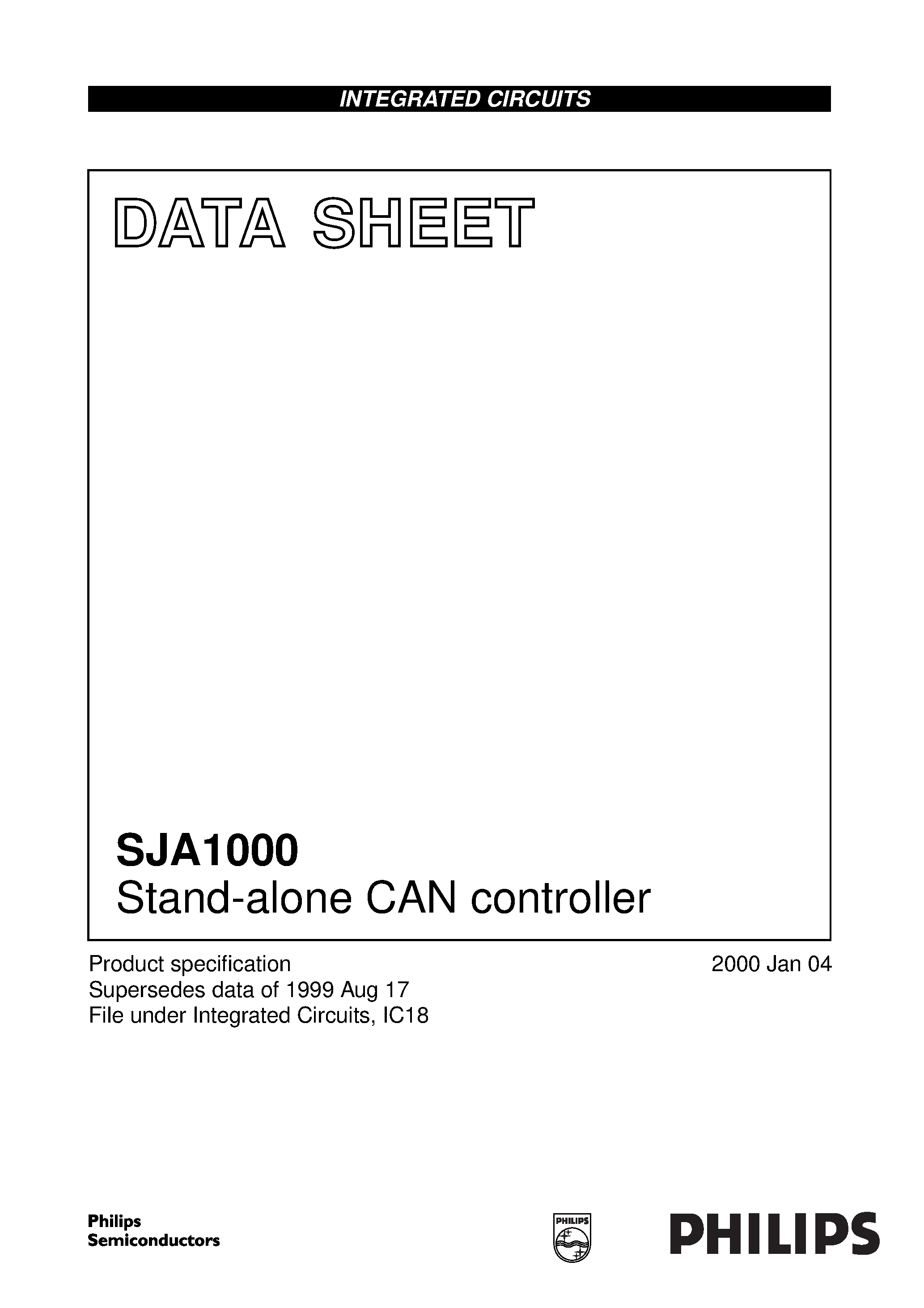 Даташит на микросхему SJA1000T страница 1 Даташит SJA1000T - Stand-alone CAN controller страница 1