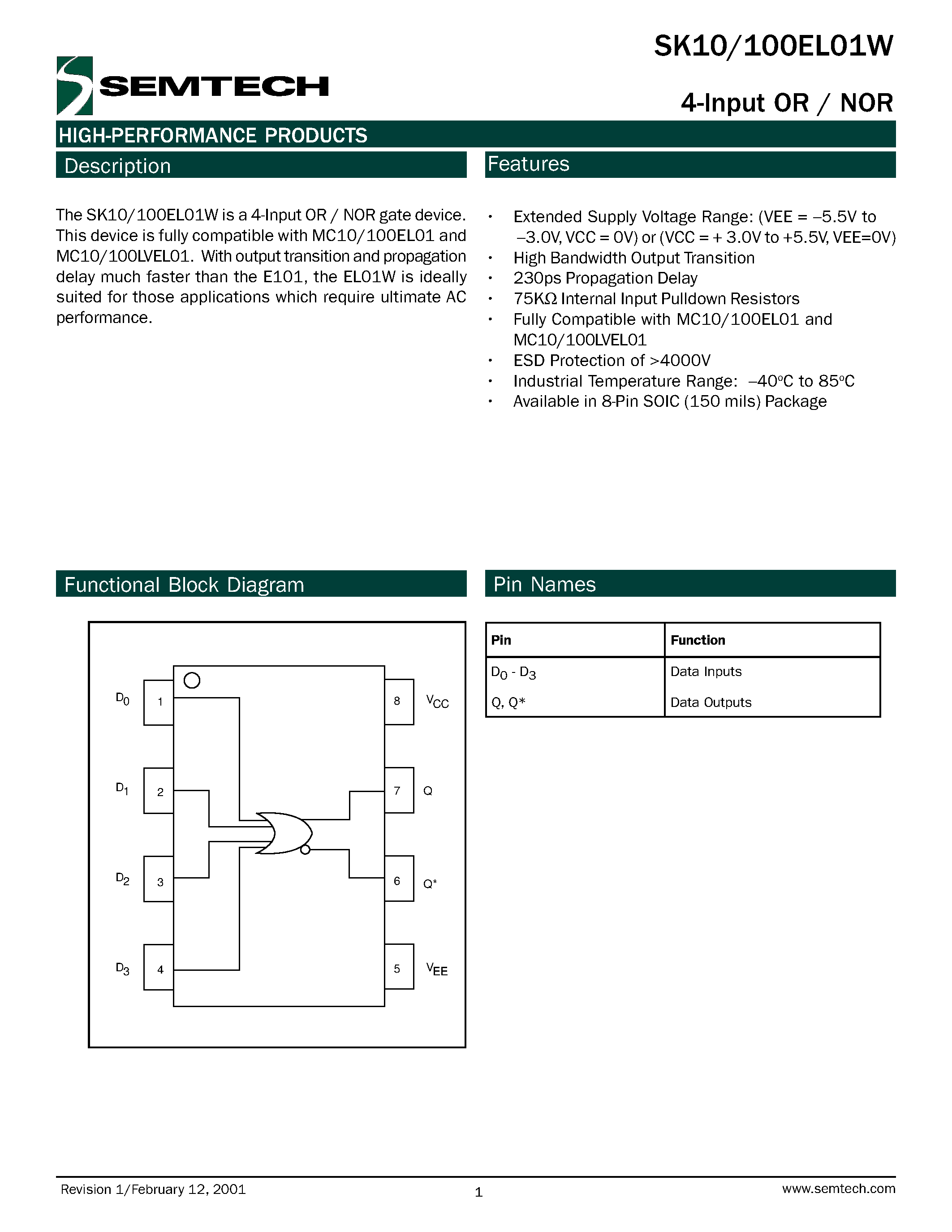 Datasheet SK100EL01WD - 4-Input OR / NOR page 1