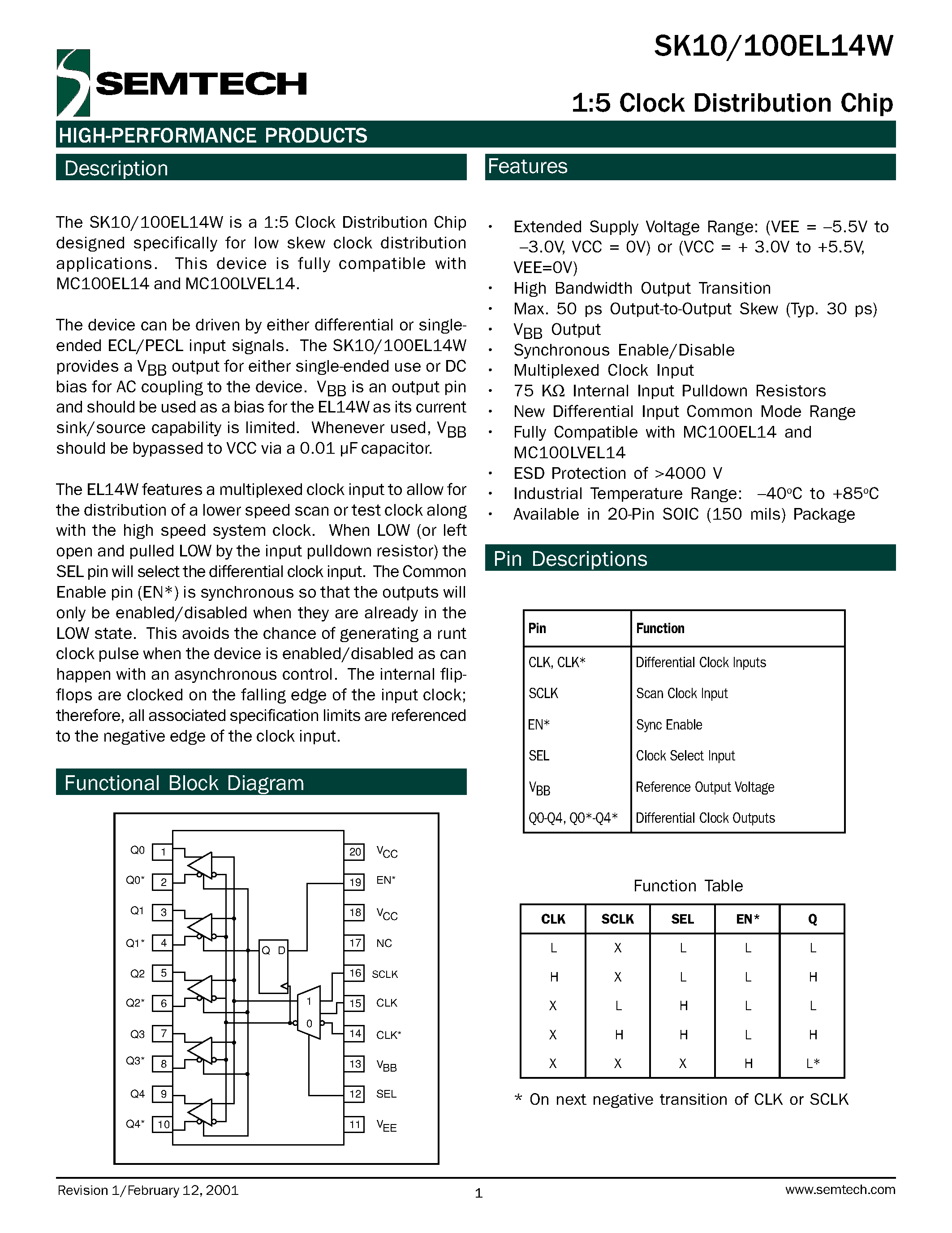 Datasheet SK100EL14WDT - 1:5 Clock Distribution Chip page 1