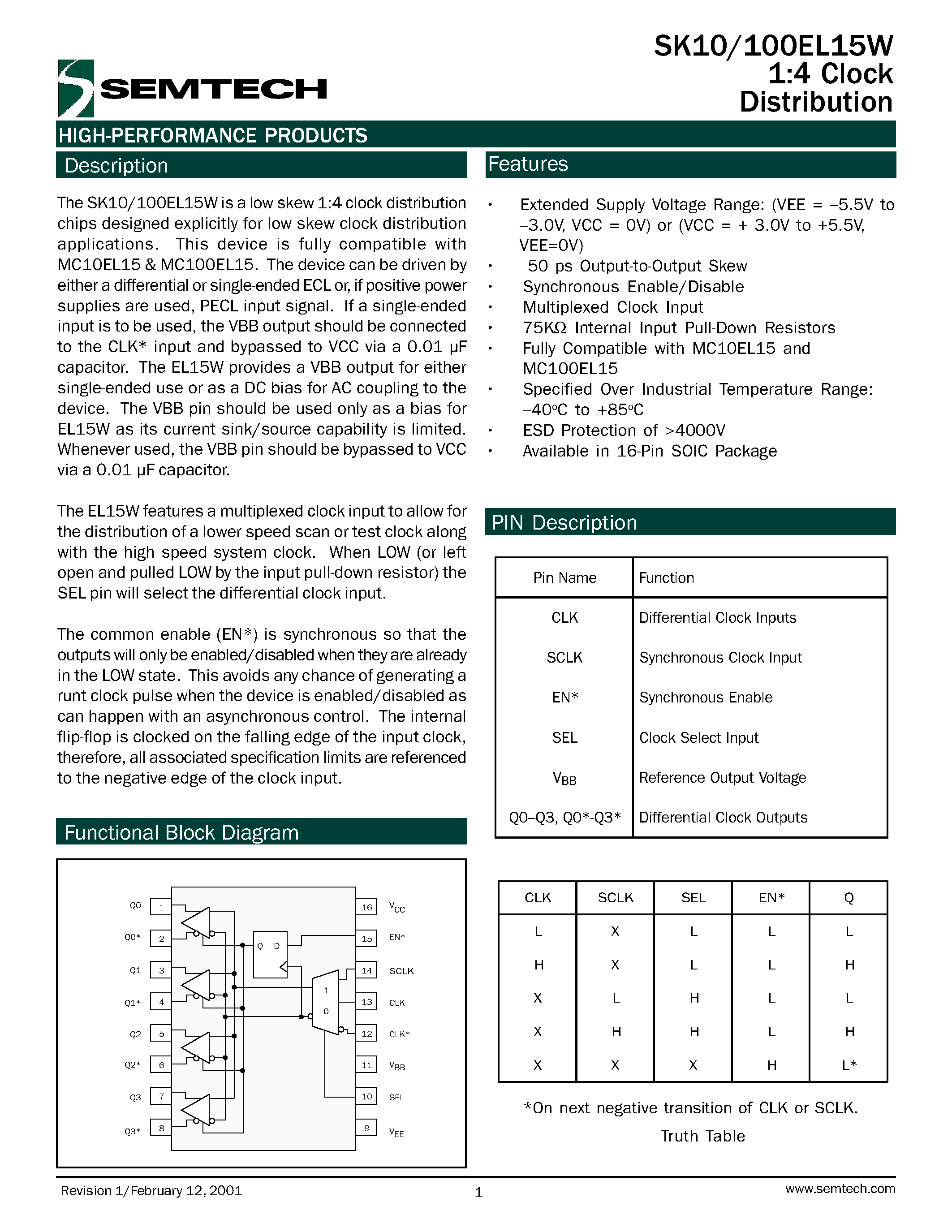 Datasheet SK100EL15W - 1:4 Clock Distribution page 1