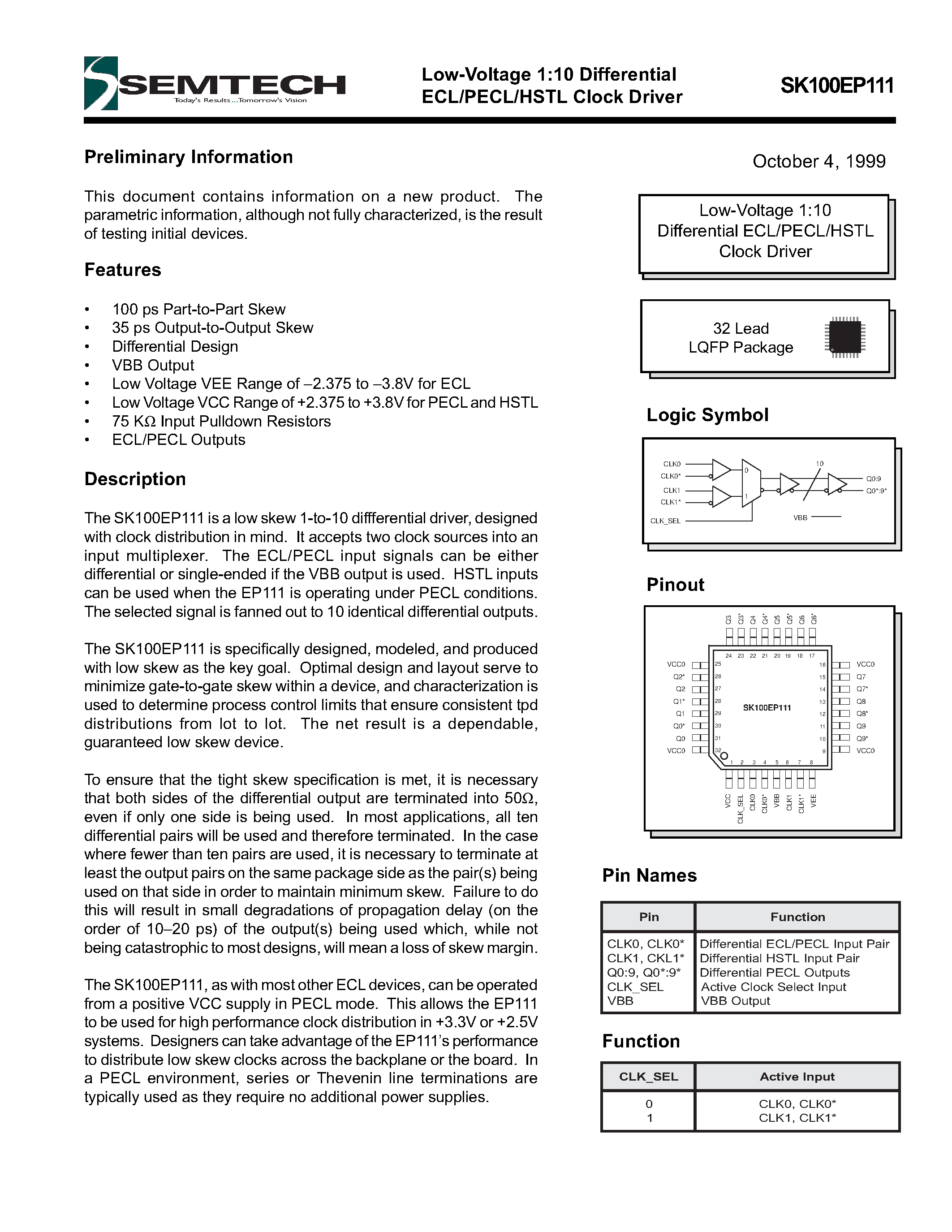 Даташит SK100EP111 - Low-Voltage 1:10 Differential ECL/PECL/HSTL Clock Driver страница 1