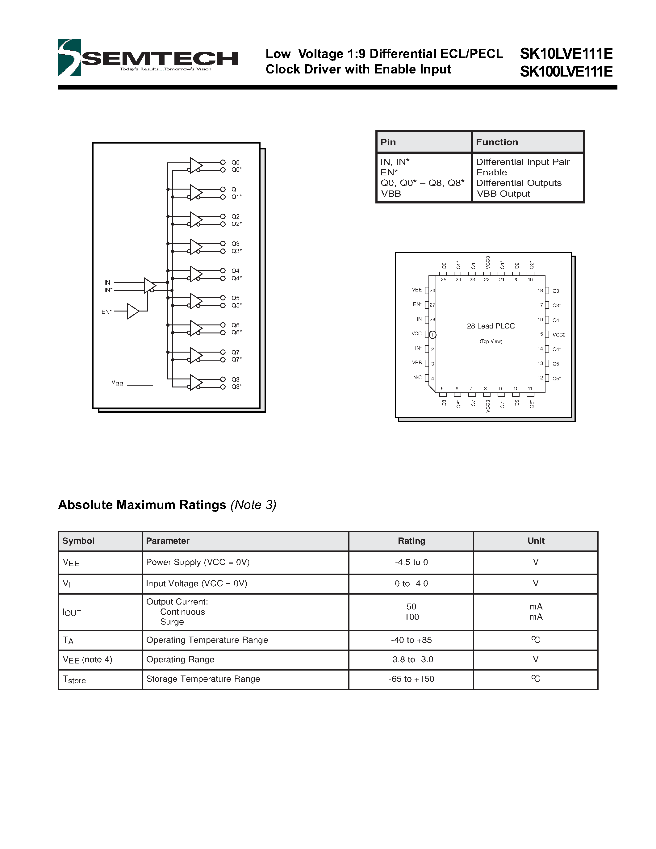 Даташит SK100LVE111E - Low Voltage 1:9 Differential ECL/PECL Clock Driver with Enable Input страница 2