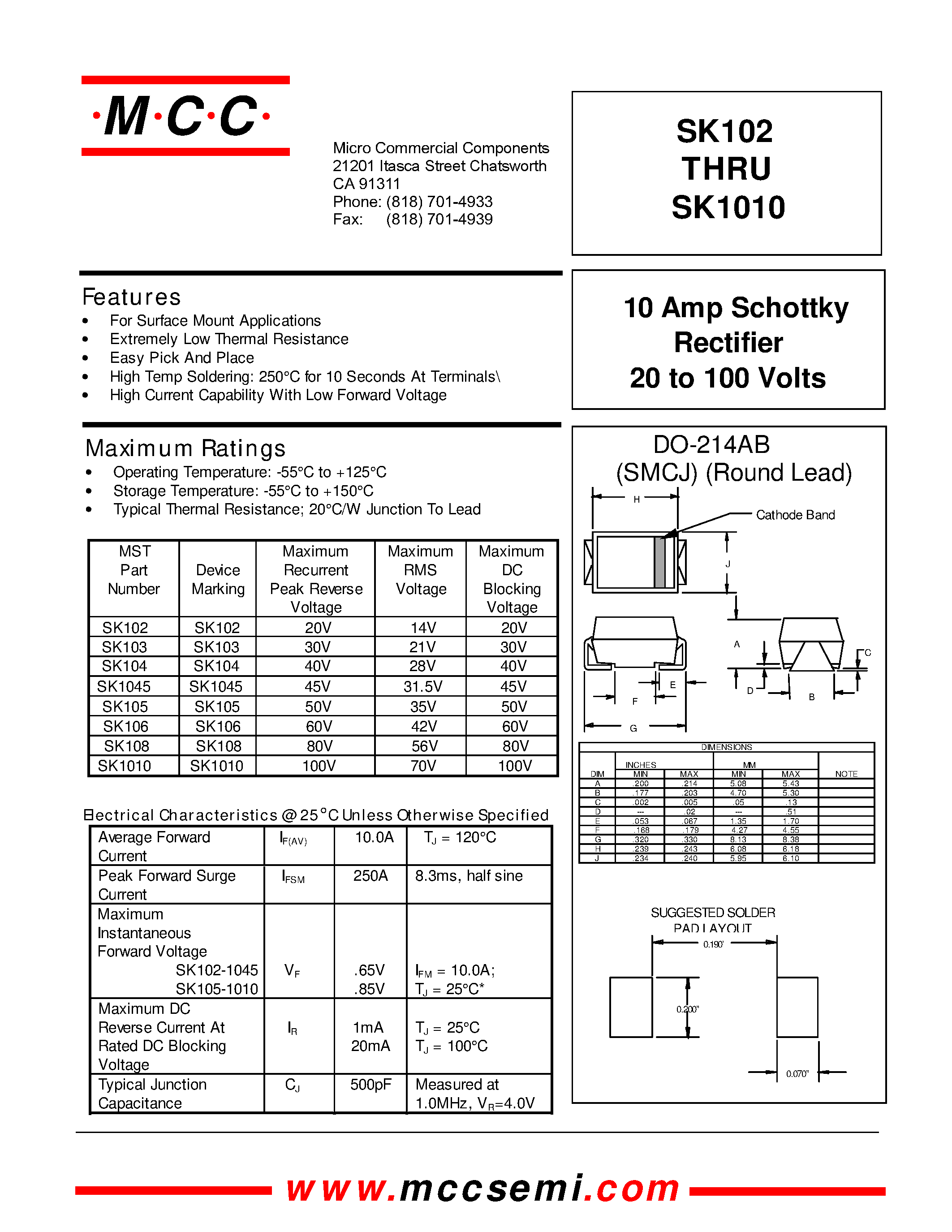 Datasheet SK105 page 1 Datasheet SK105 - 10 Amp Schottky Rectifier 20 to 100 Volts page 1