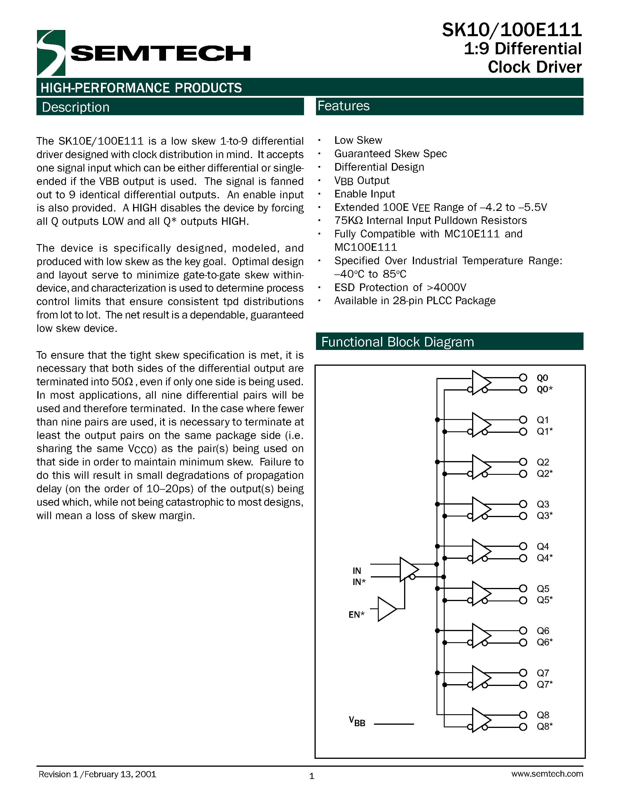 Даташит на микросхему SK10E111PJ страница 1 Даташит SK10E111PJ - 1:9 Differential Clock Driver страница 1