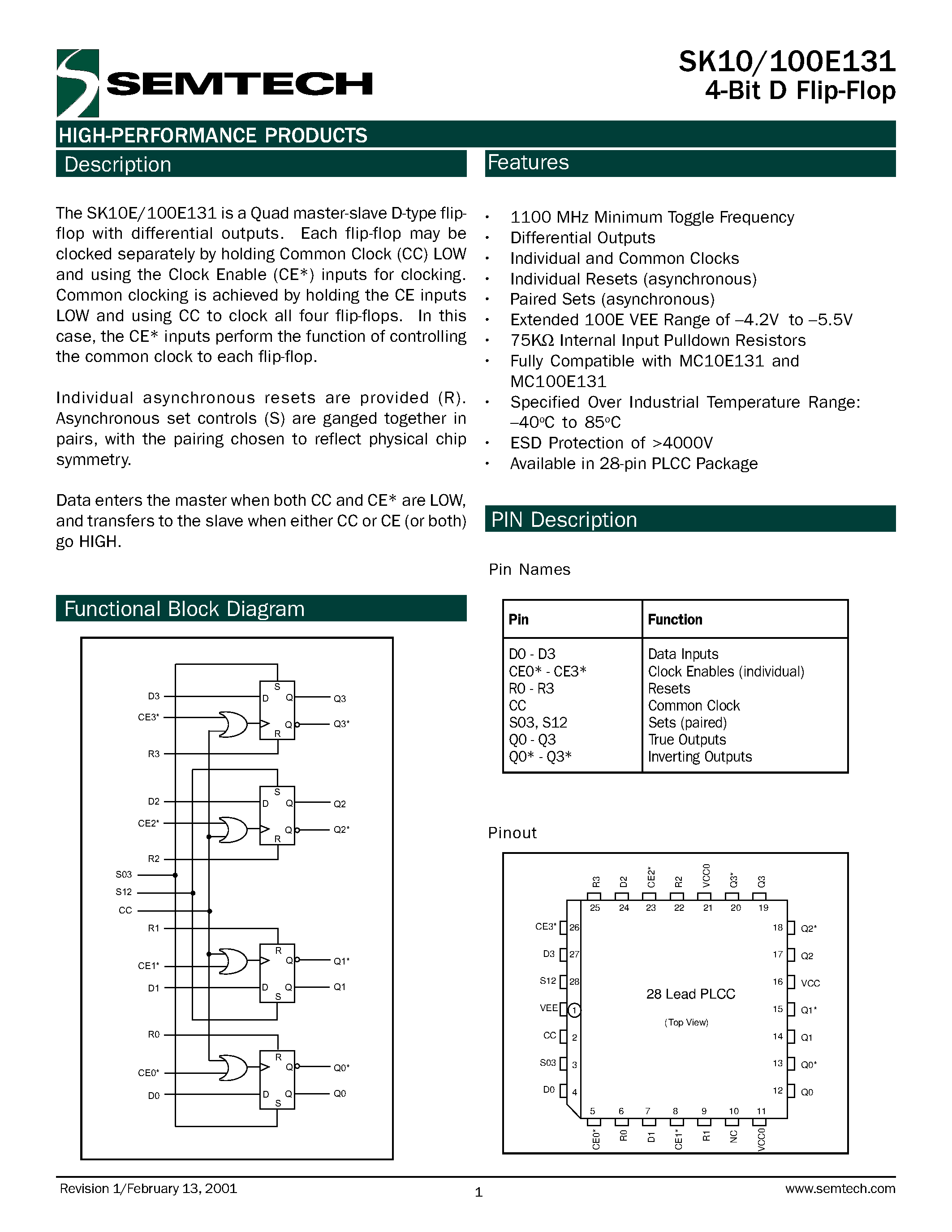 Datasheet SK10E131PJ - 4-Bit D Flip-Flop page 1