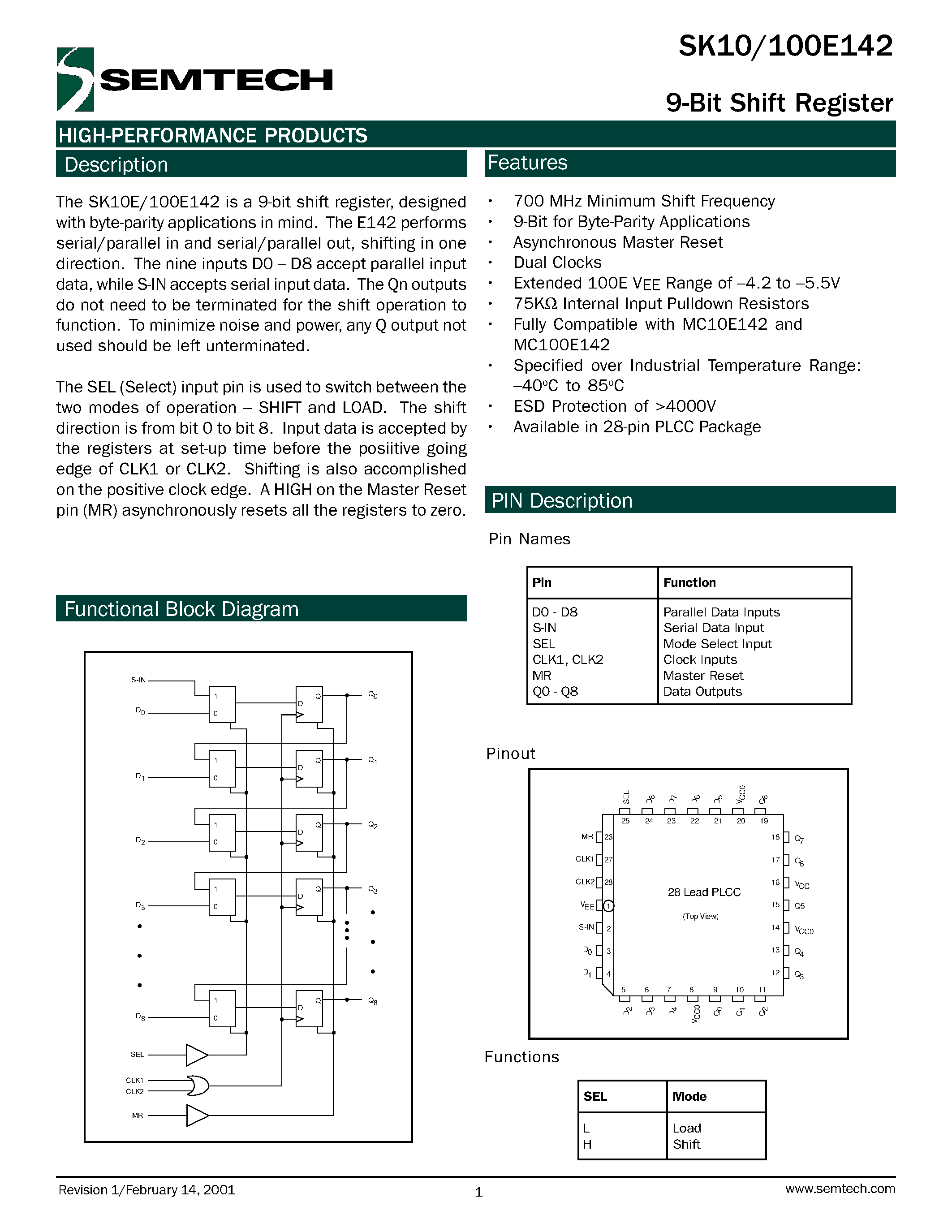 Даташит на микросхему SK10E142 страница 1 Даташит SK10E142 - 9-Bit Shift Register страница 1