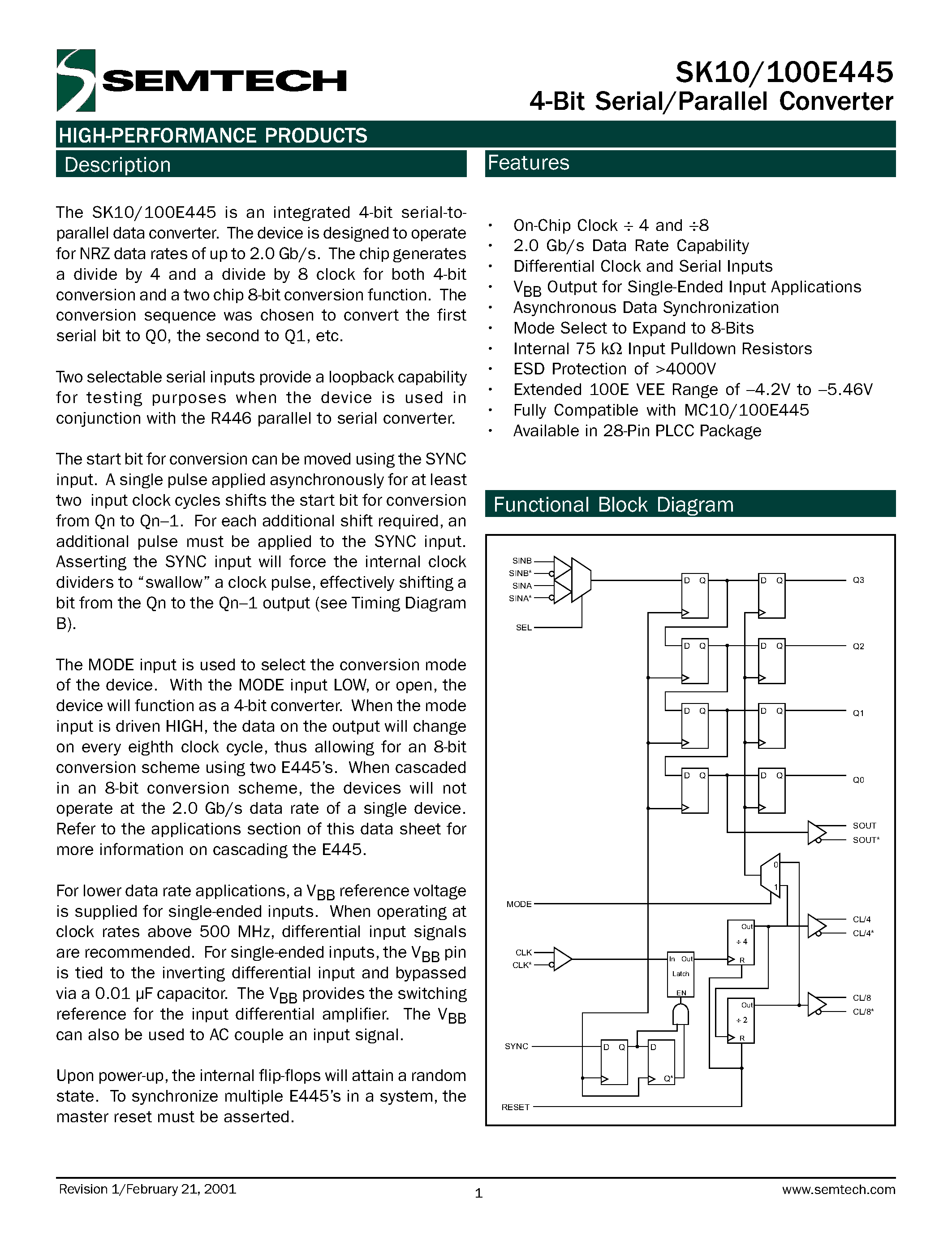 Datasheet SK10E445 - 4-Bit Serial/Parallel Converter page 1