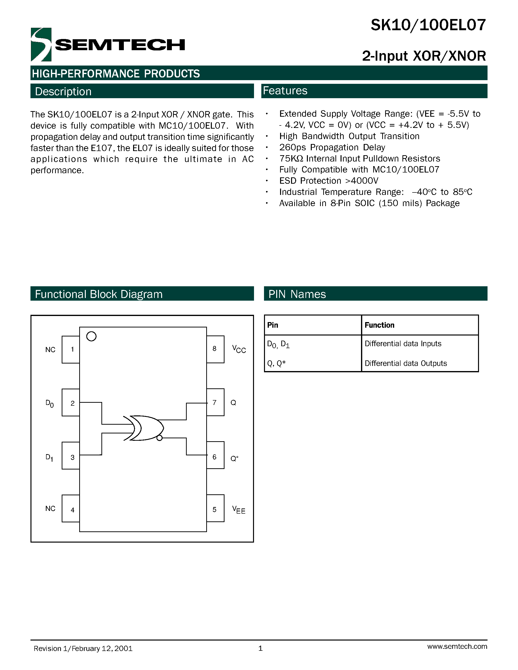 Datasheet SK10EL07U page 1 Datasheet SK10EL07U - 2-Input XOR / XNOR page 1