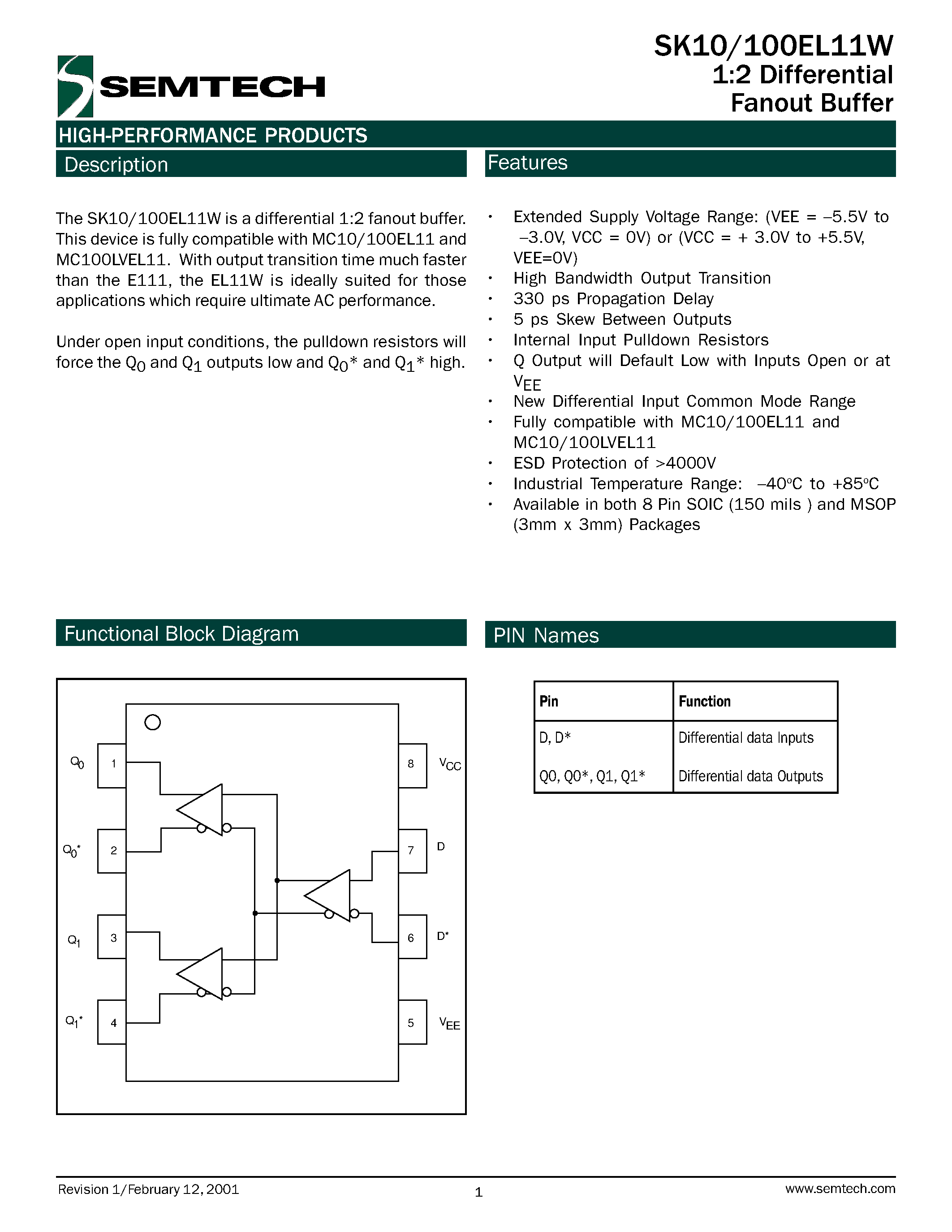 Datasheet SK10EL11WU - 1:2 Differential Fanout Buffer page 1