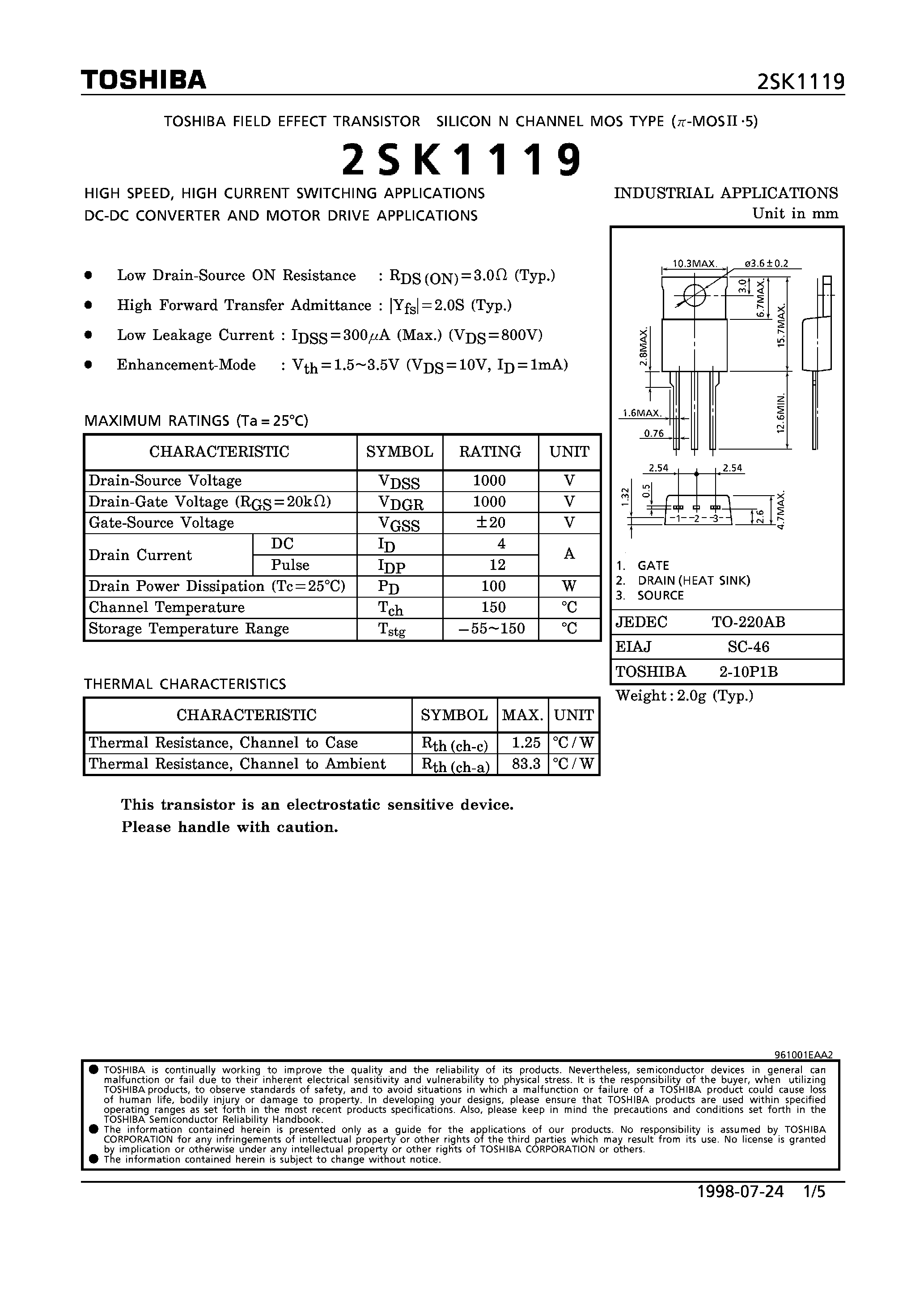 Datasheet SK1119 - N CHANNEL MOS TYPE (HIGH SPEED/ HIGH CURRENT SWITCHING/ DC-DC CONVERTER AND MOTOR DRIVE APPLICATIONS) page 1