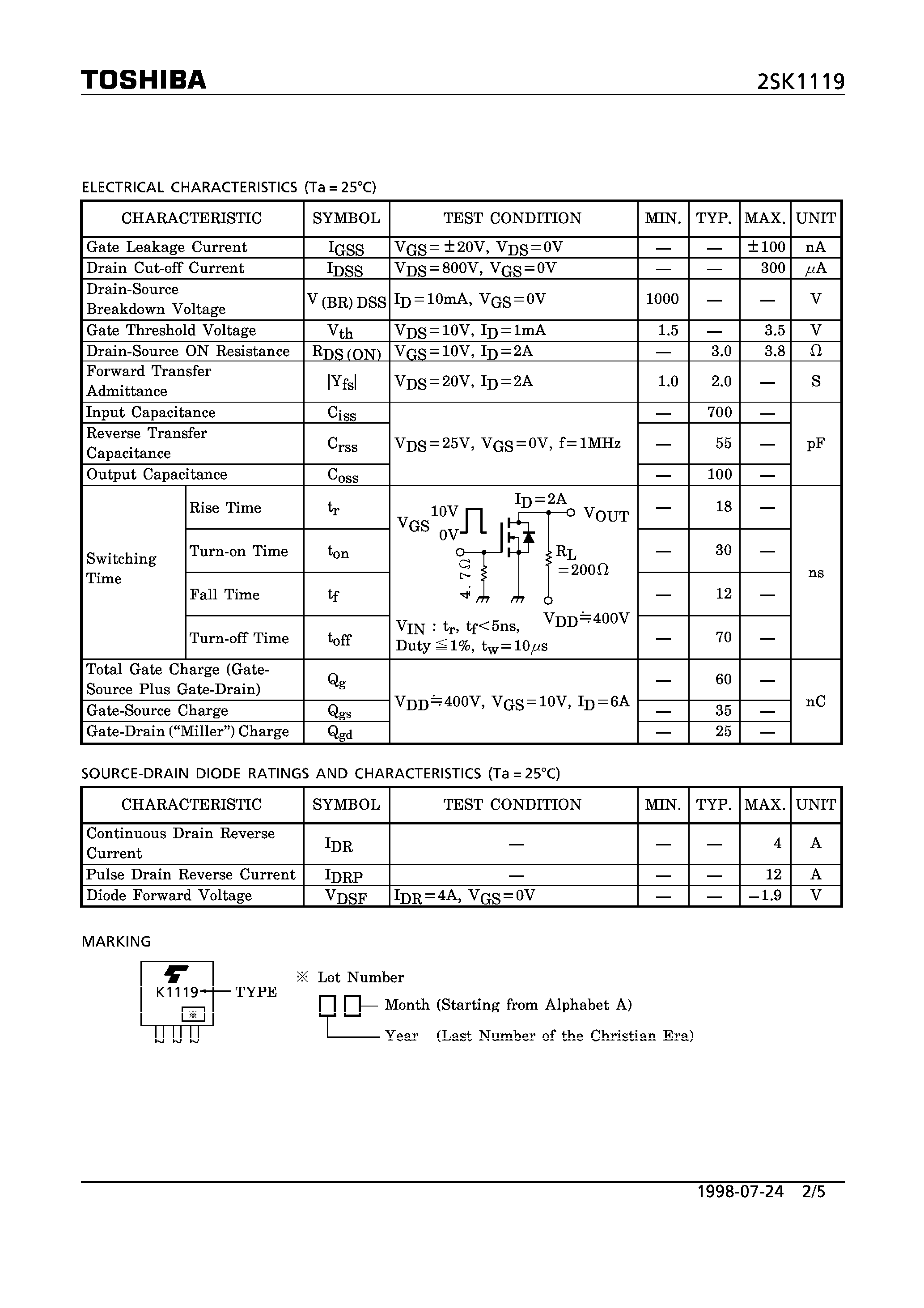 Datasheet SK1119 - N CHANNEL MOS TYPE (HIGH SPEED/ HIGH CURRENT SWITCHING/ DC-DC CONVERTER AND MOTOR DRIVE APPLICATIONS) page 2