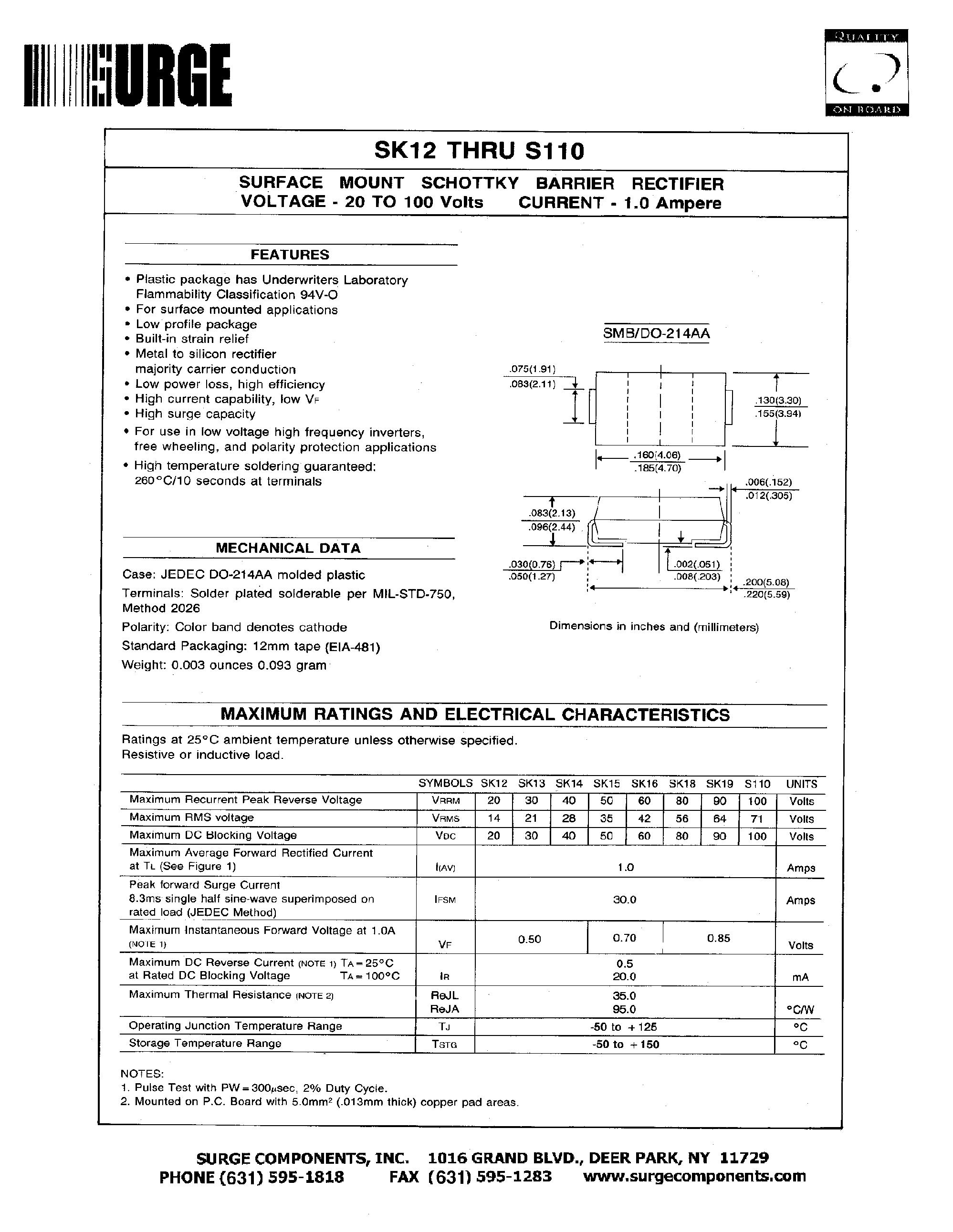 Datasheet SK12 - SURFACE MOUNT SCHOTTKY BARRIER RECTIFIER VOLTAGE - 20 to 100 Volts CURRENT - 1.0 Ampere page 1