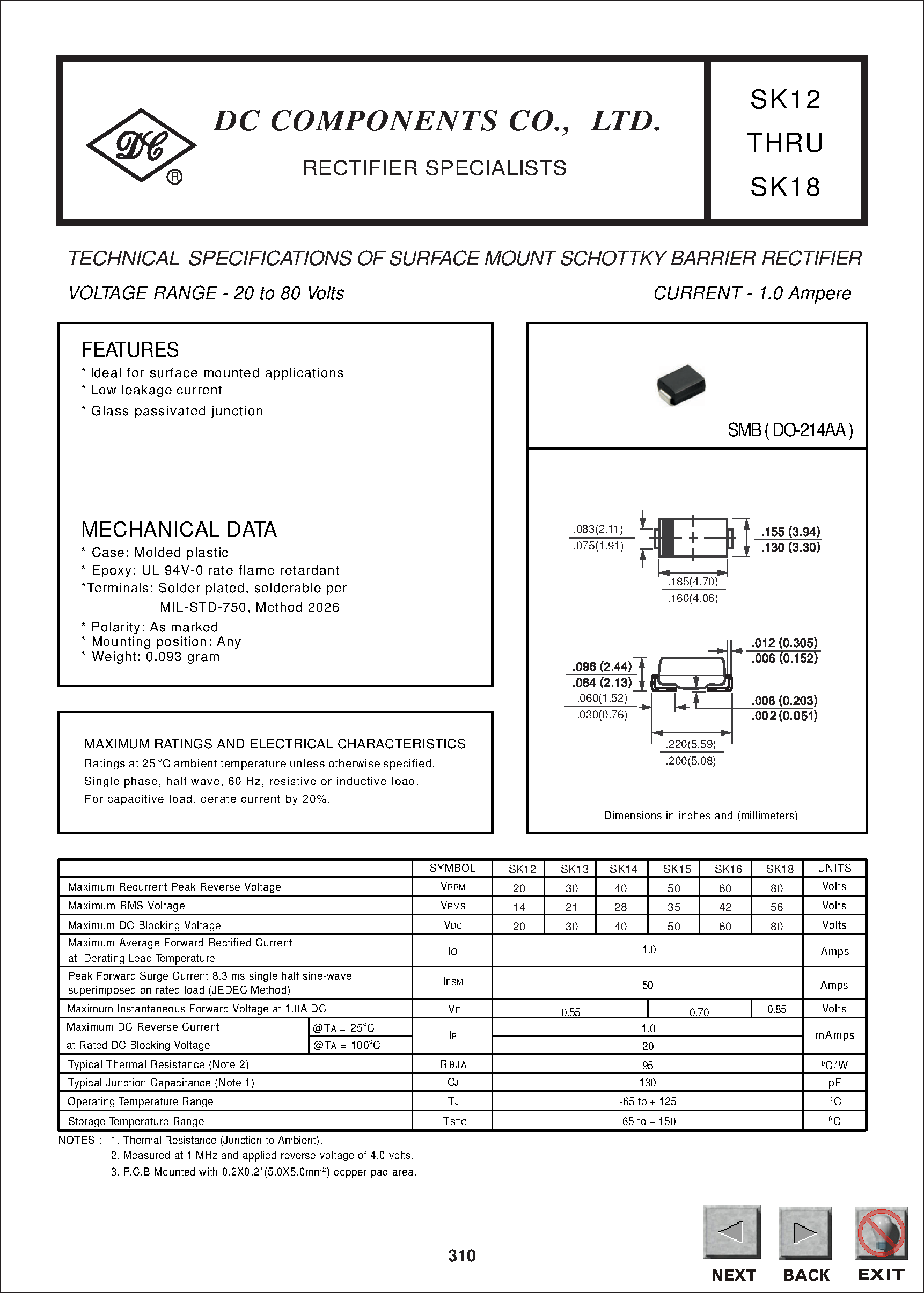 Datasheet SK15 - TECHNICAL SPECIFICATIONS OF SURFACE MOUNT SCHOTTKY BARRIER RECTIFIER page 1
