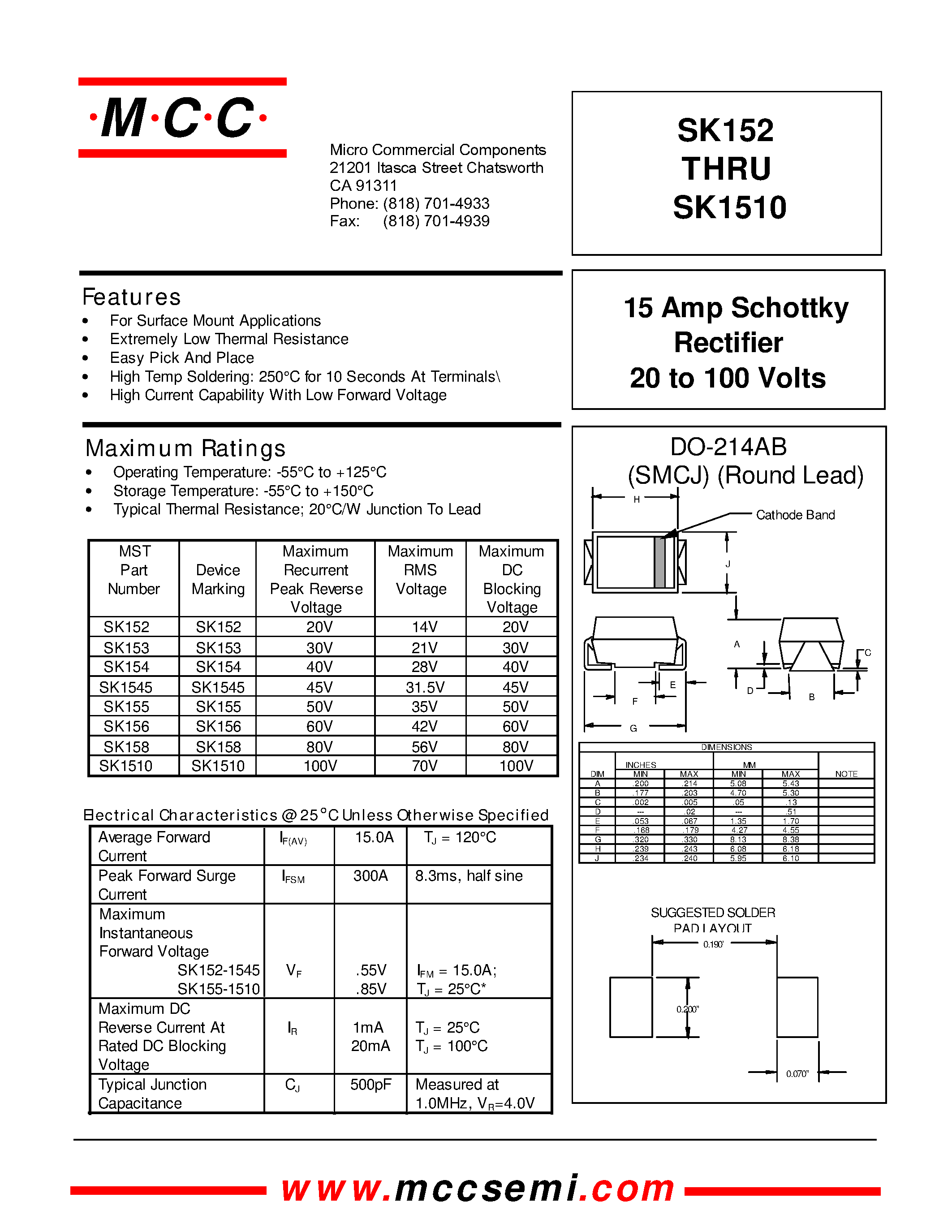 Datasheet SK158 - 15 Amp Schottky Rectifier 20 to 100 Volts page 1