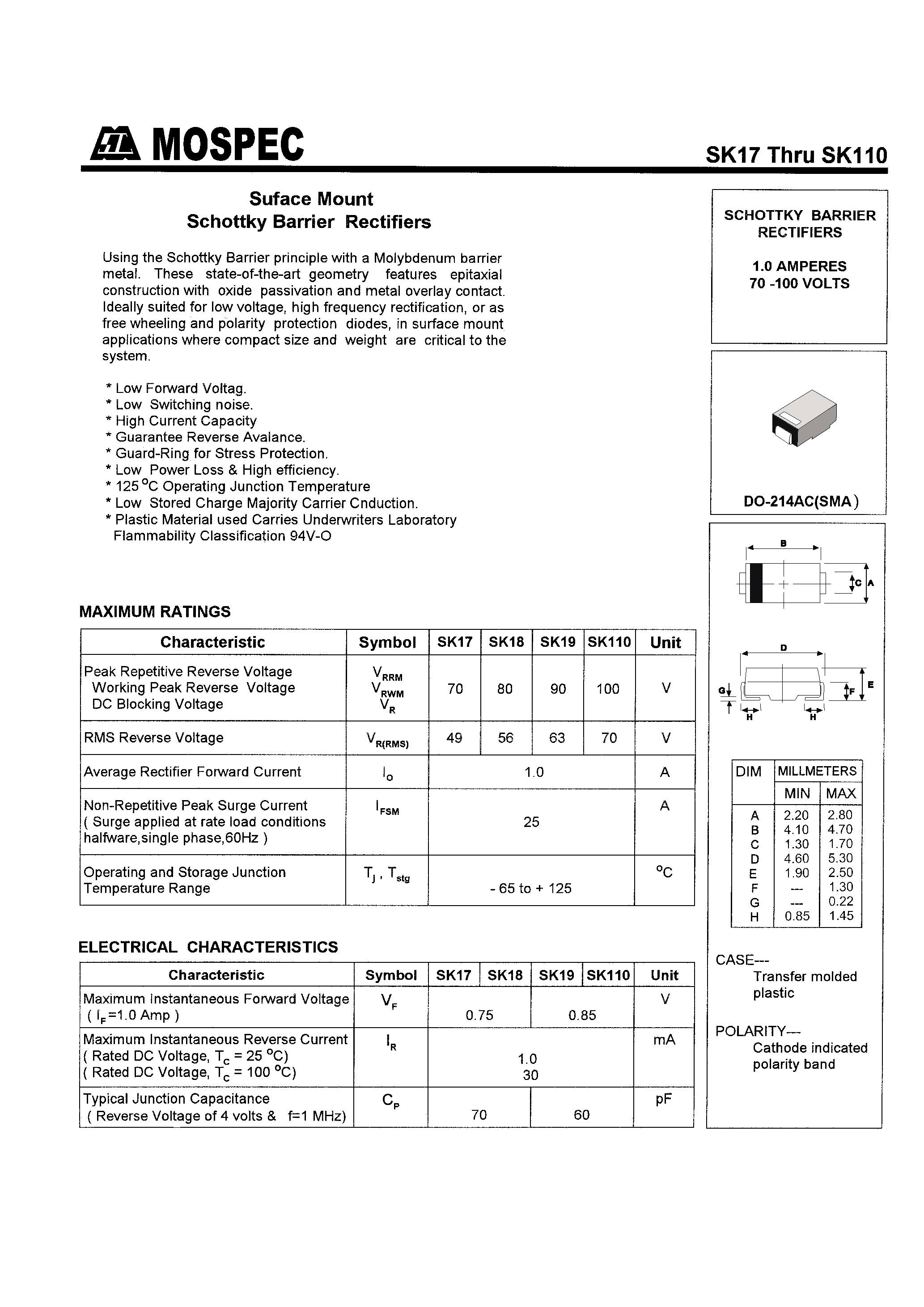 Datasheet SK18 - SCHOTTKY BARRIER RECTIFIERS(1.0A/70-100V) page 1