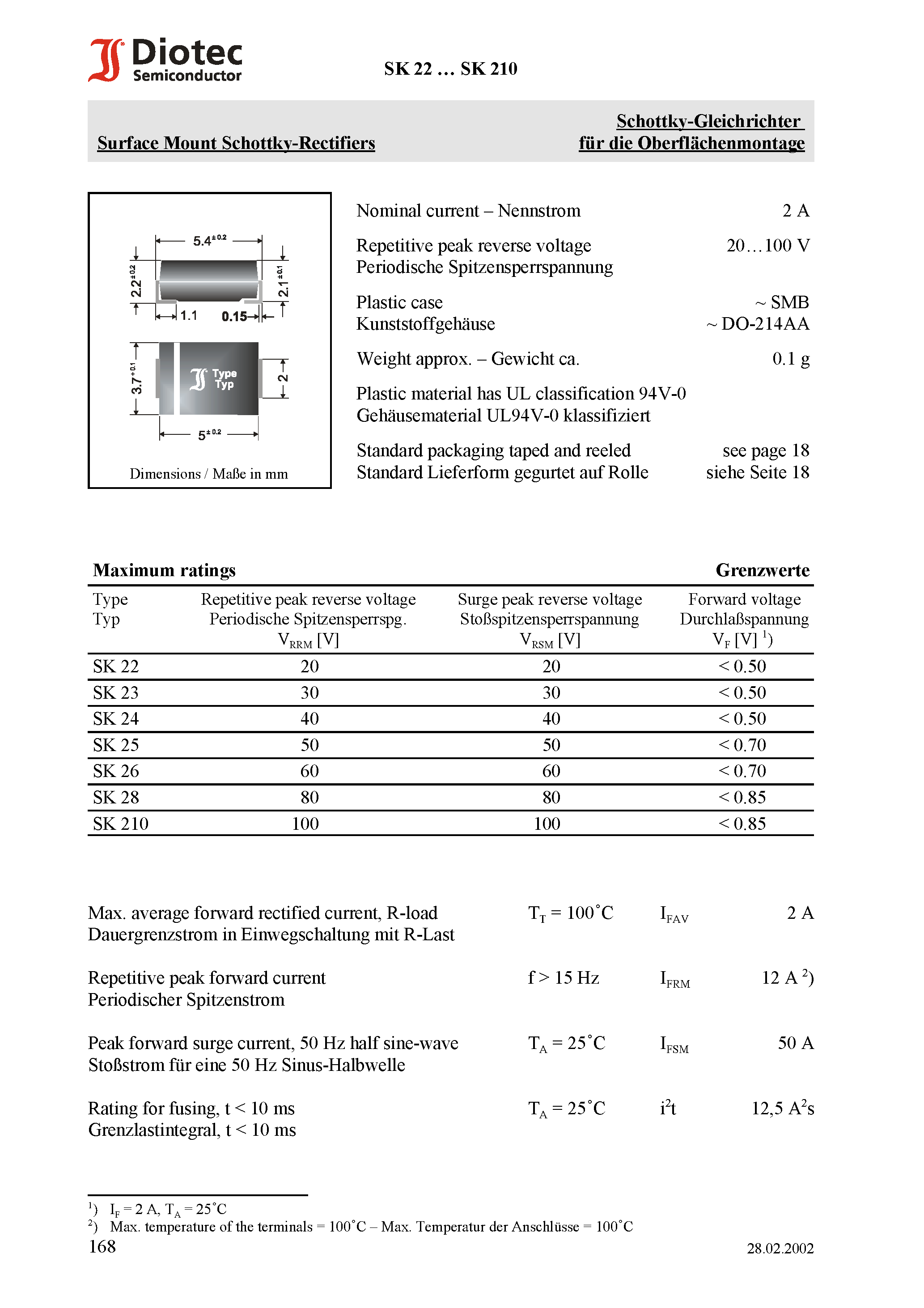 Datasheet SK210 - Surface Mount Schottky-Rectifiers page 1