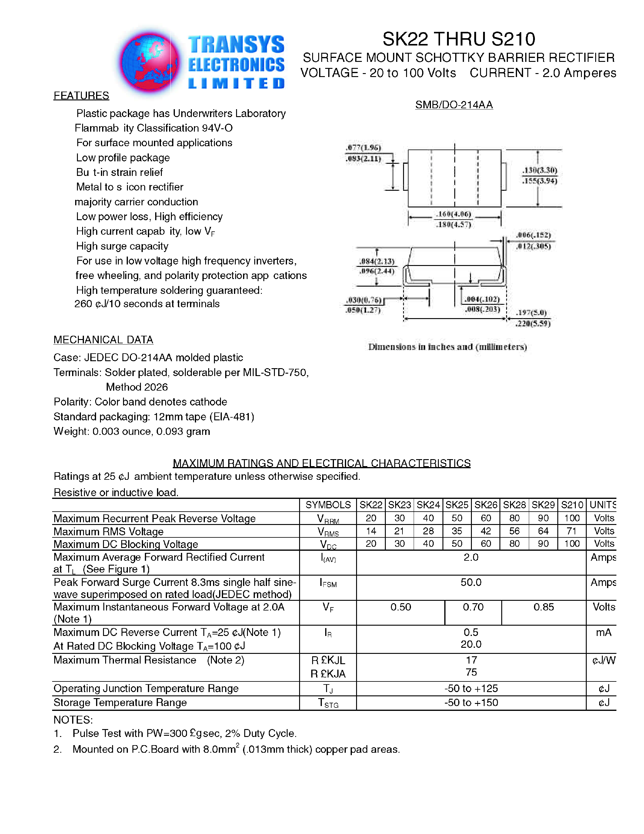 Datasheet SK23 page 1 Datasheet SK23 - SURFACE MOUNT SCHOTTKY BARRIER RECTIFIER page 1