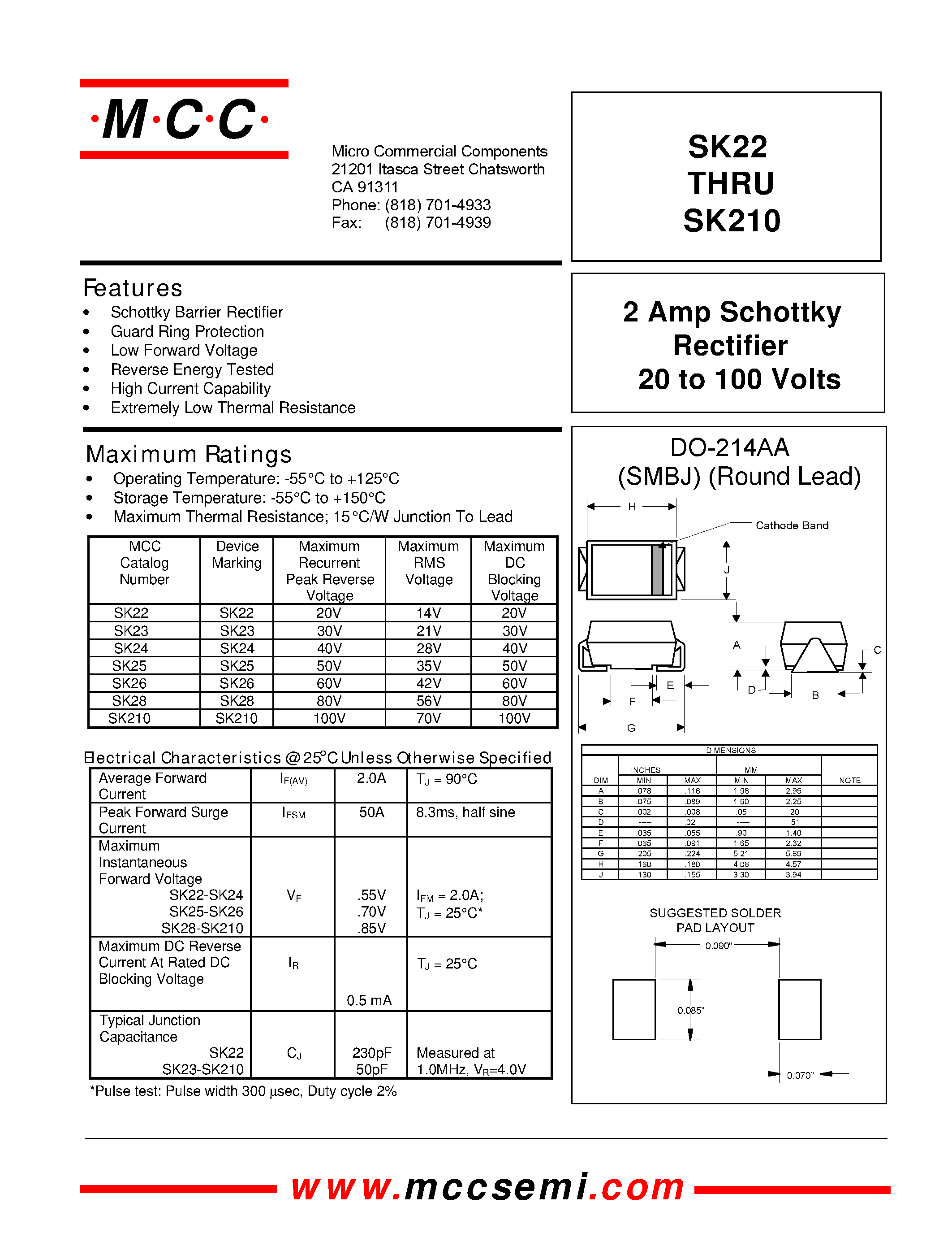 Datasheet SK24 page 1 Datasheet SK24 - 2 Amp Schottky Rectifier 20 to 100 Volts page 1