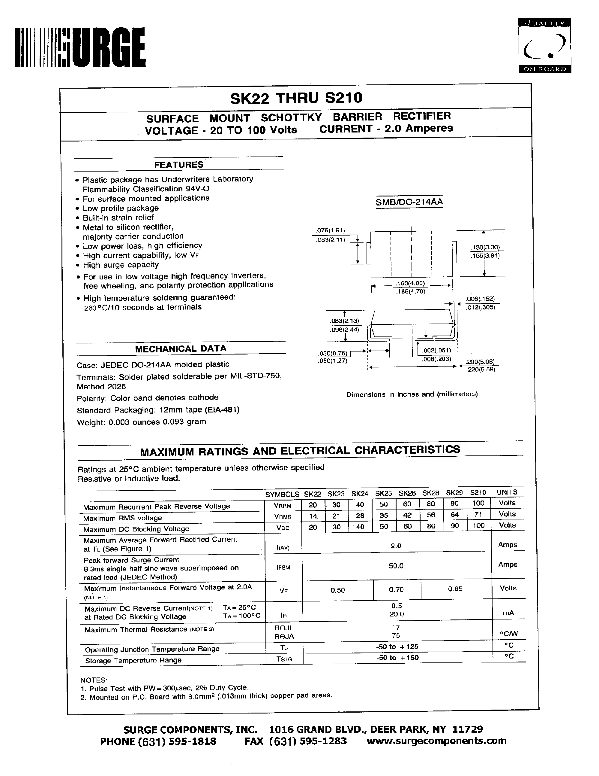 Datasheet SK24 - SURFACE MOUNT SCHOTTKY BARRIER RECTIFIER VOLTAGE - 20 to 100 Volts CURRENT - 2.0 Amperes page 1