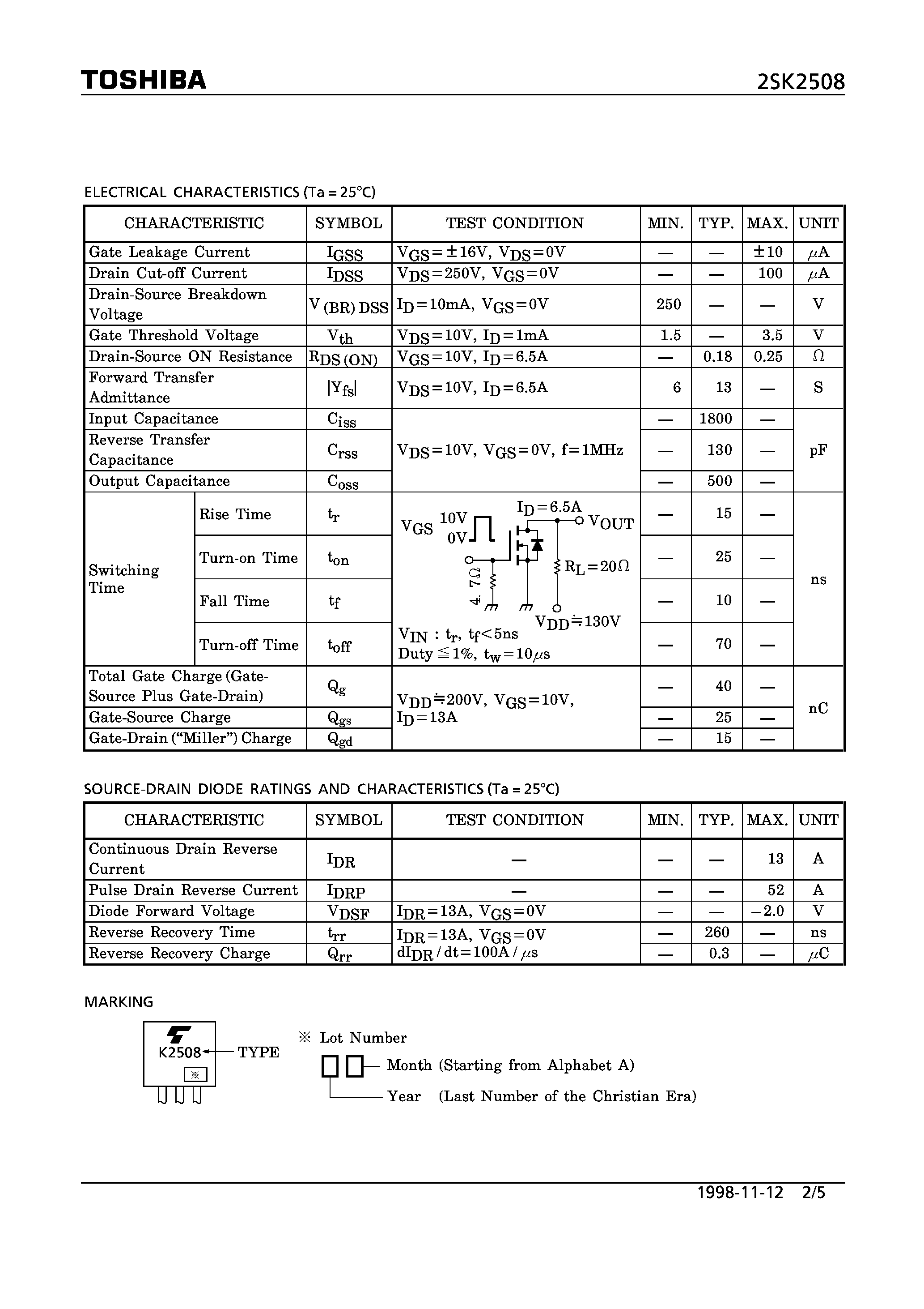 Datasheet SK2508 - N CHANNEL MOS TYPE (HIGH SPEED/ HIGH VOLTAGE SWITCHING GEGULATOR AND DC-DC CONVERTER AND MOTOR APPLICATIONS) page 2