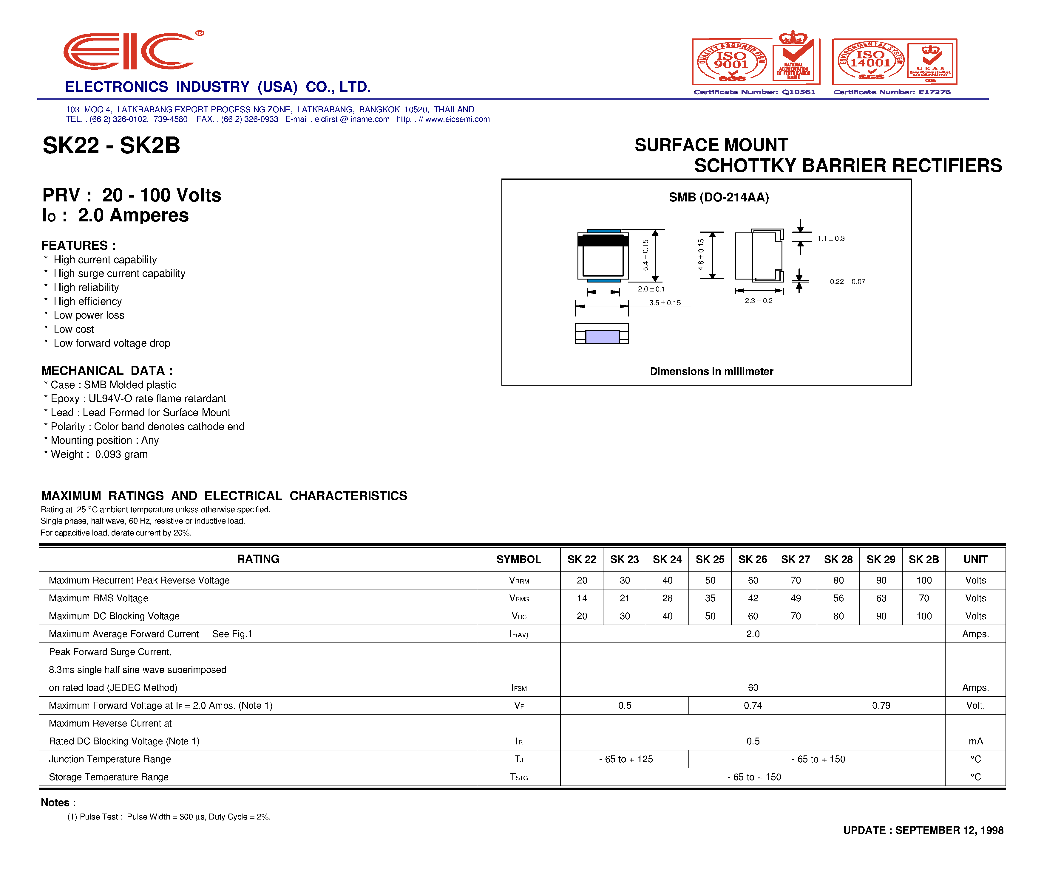 Datasheet SK29 - SURFACE MOUNT SCHOTTKY BARRIER RECTIFIERS page 1