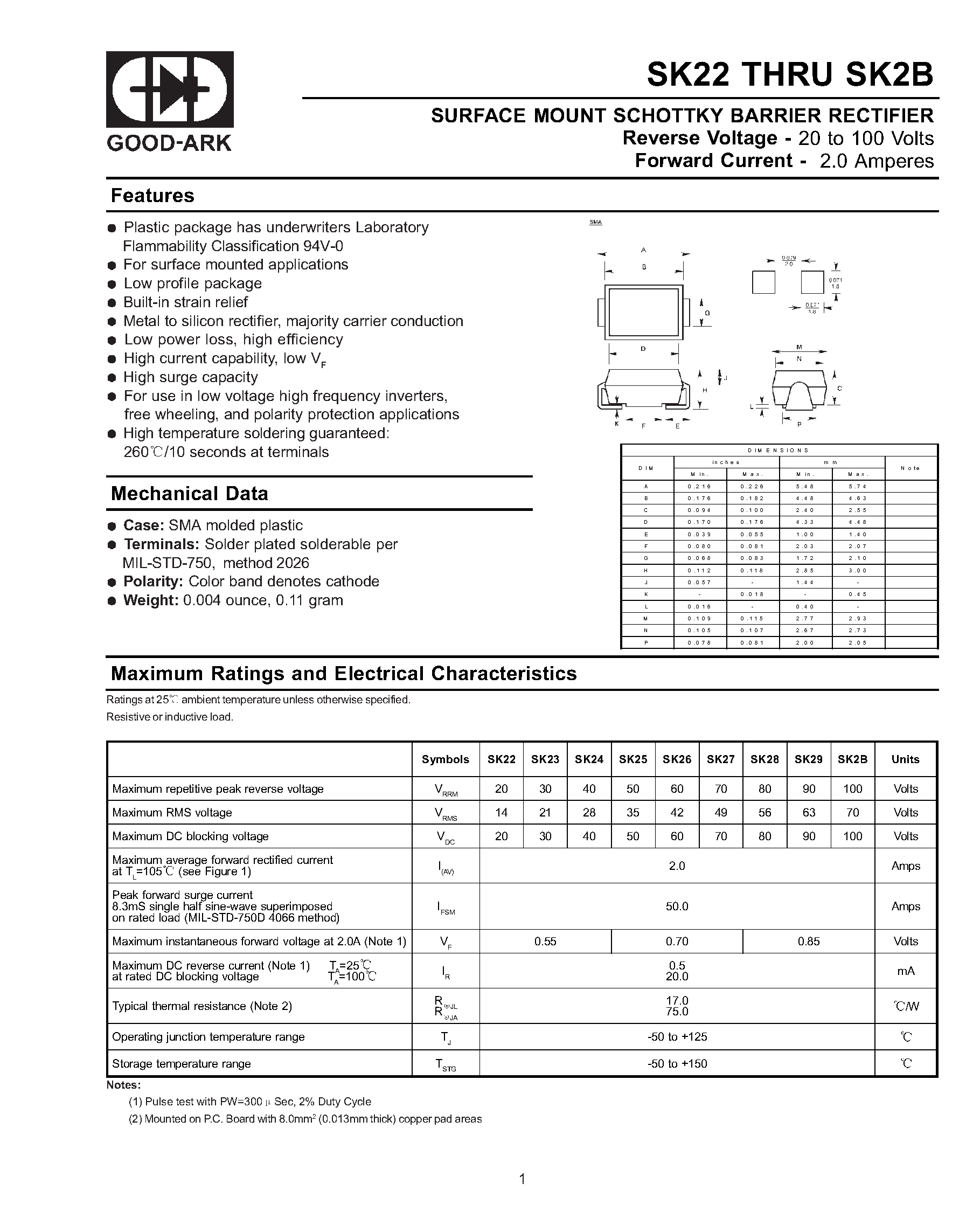 Datasheet SK2B page 1 Datasheet SK2B - SURFACE MOUNT SCHOTTKY BARRIER RECTIFIER page 1
