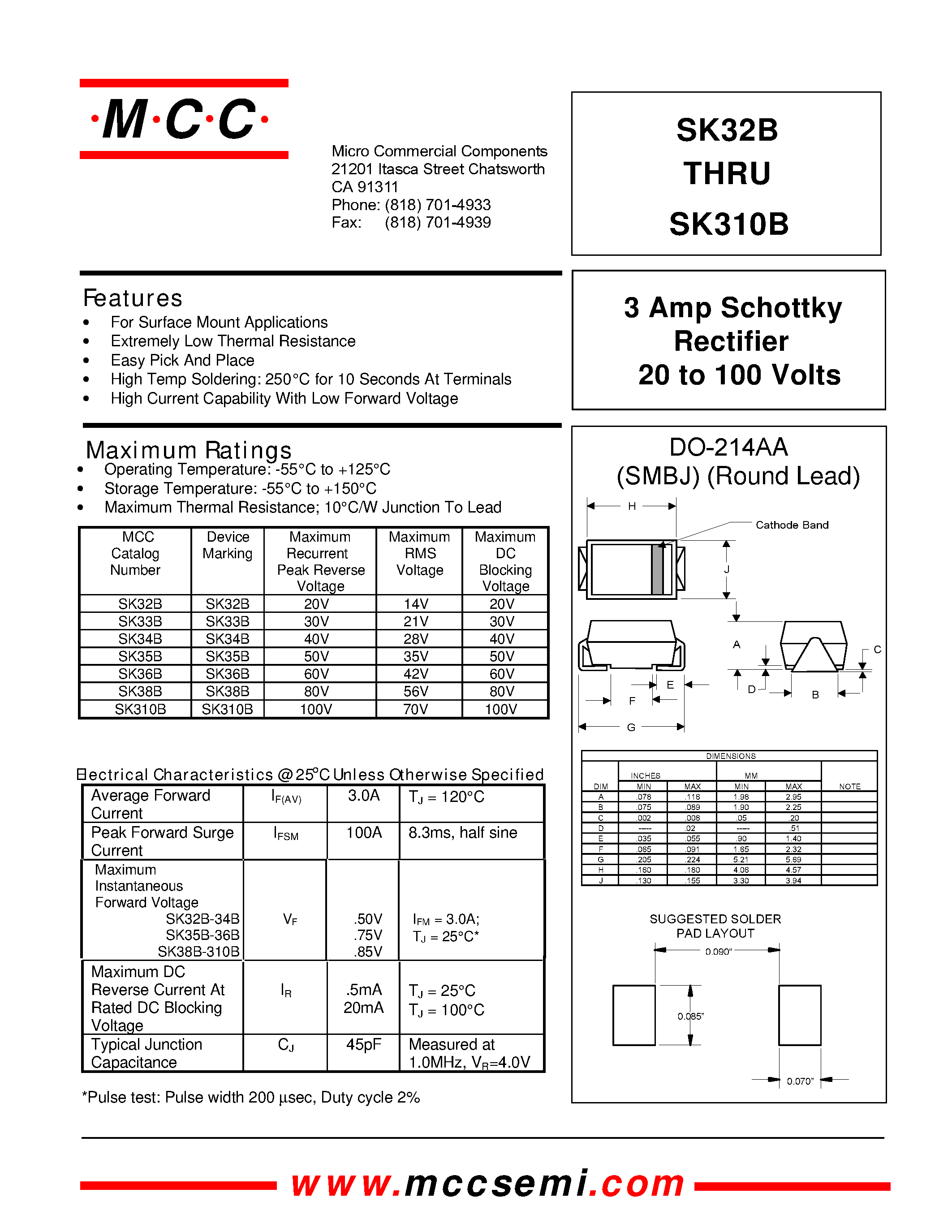 Datasheet SK32B - 3 Amp Schottky Rectifier 20 to 100 Volts page 1
