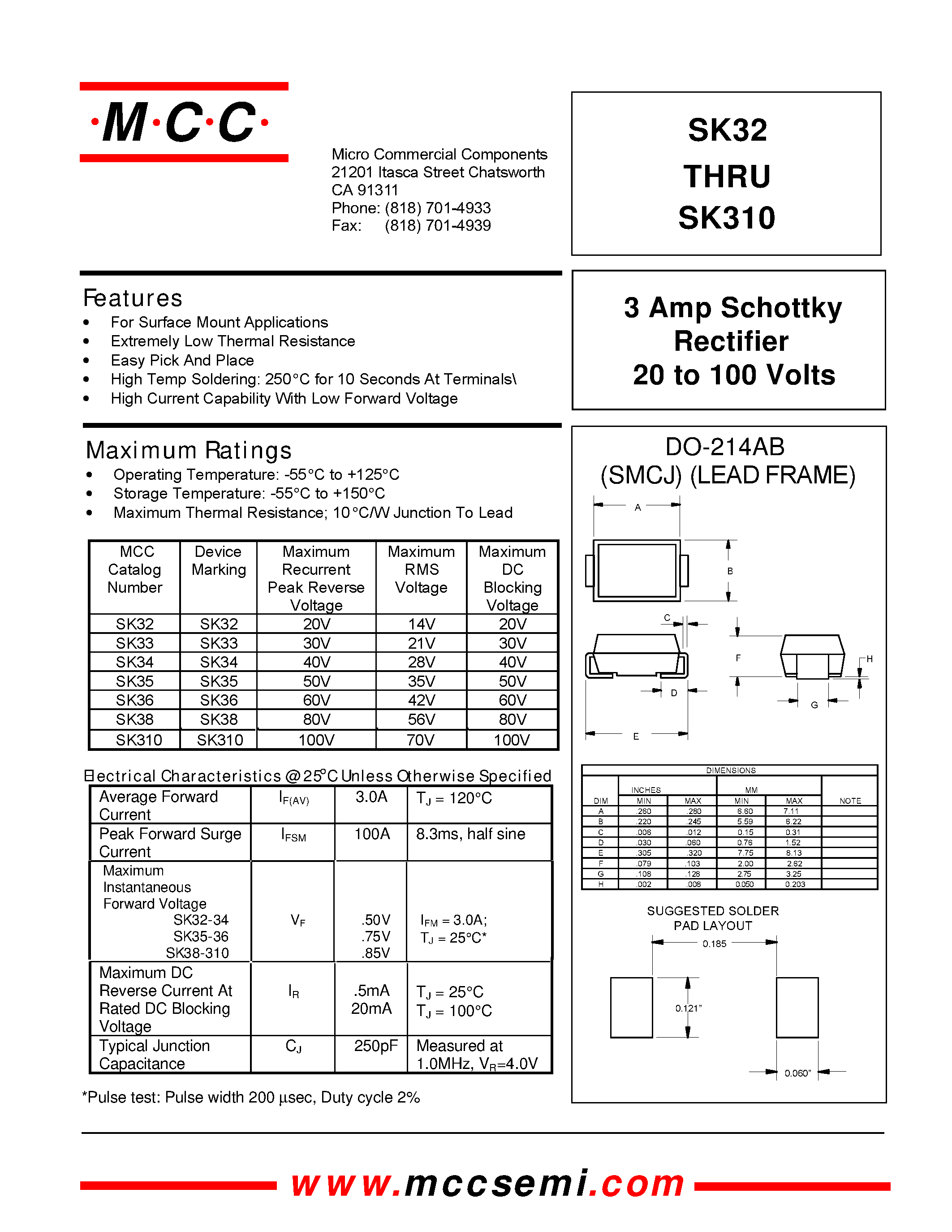 Datasheet SK33 - 3 Amp Schottky Rectifier 20 to 100 Volts page 1