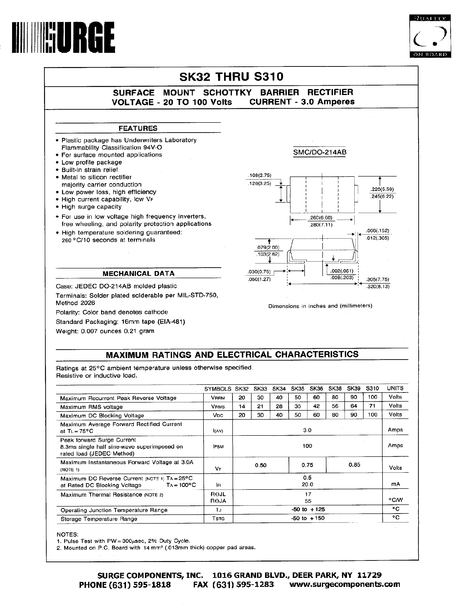 Datasheet SK33 - SURFACE MOUNT SCHOTTKY BARRIER RECTIFIER VOLTAGE - 20 to 100 Volts CURRENT - 3.0 Amperes page 1