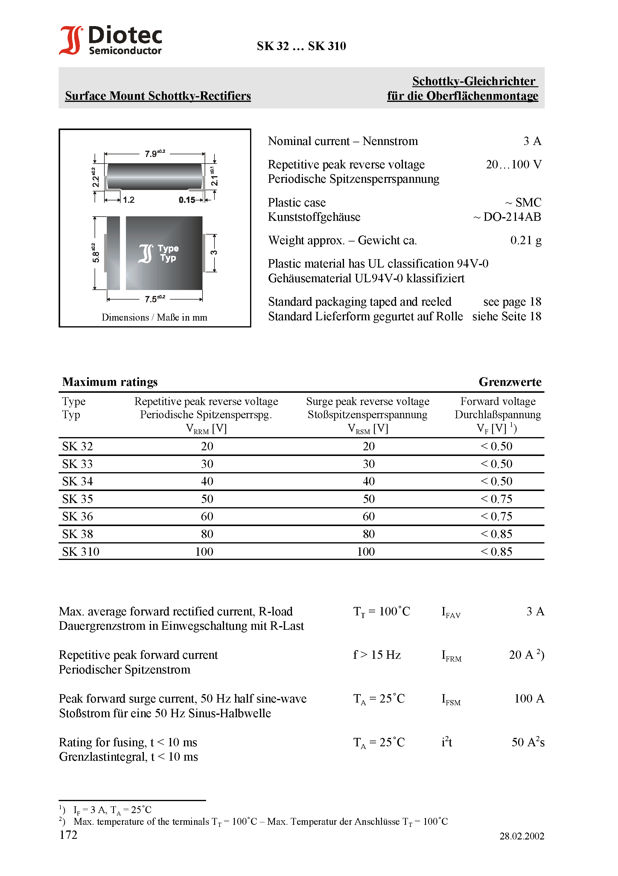 Datasheet SK33 - Surface Mount Schottky-Rectifiers page 1